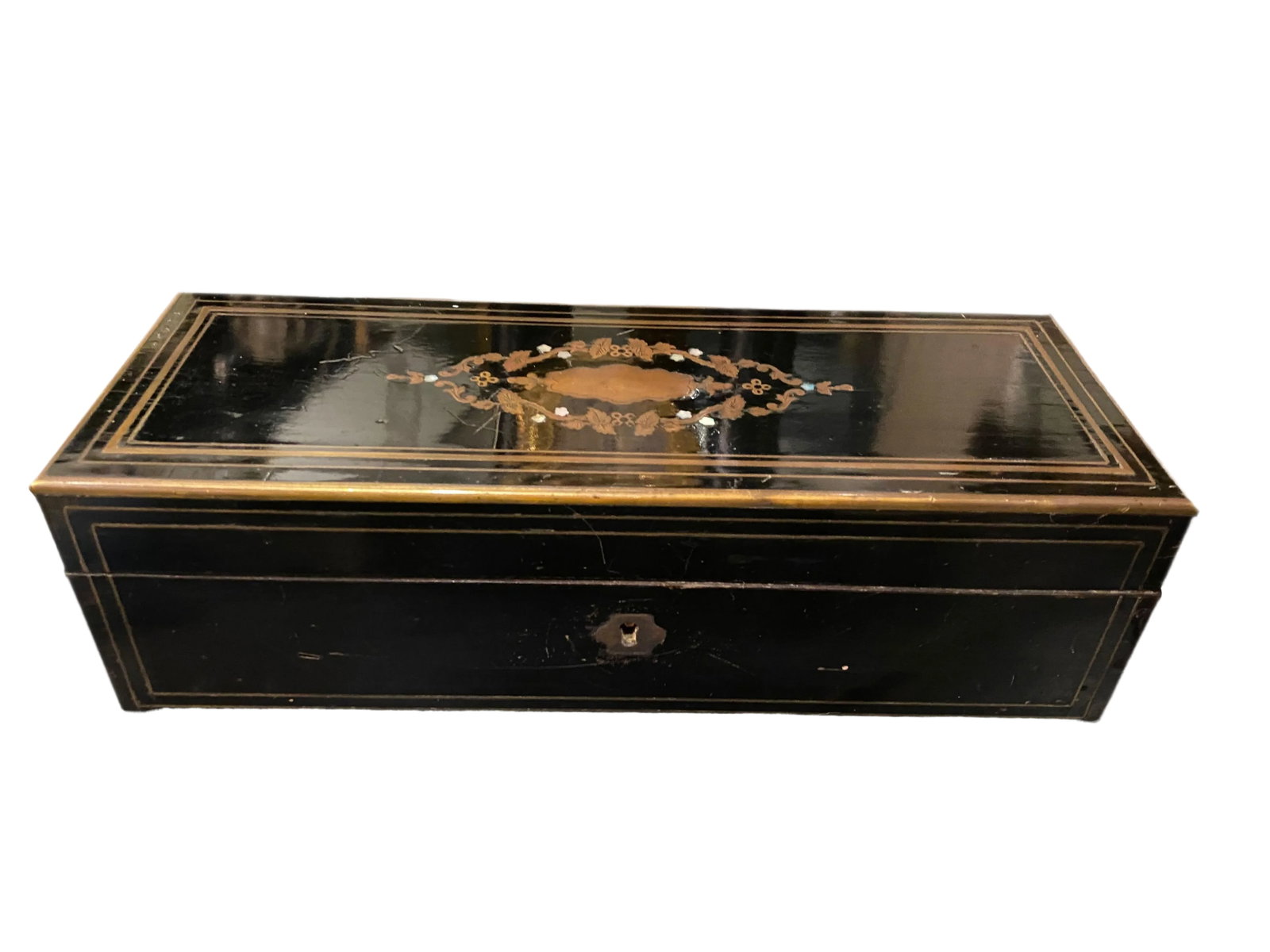 Napoleon III Ebonized Box With Mother of Pearl Inlay: Napoleon III Ebonized Box With Mother of Pearl Inlay 11" Wide x 4" Deep x 3.5" High Condition: Alterations: Original Condition Unaltered Imperfections: Some Imperfections Condition Notes: Excellent co