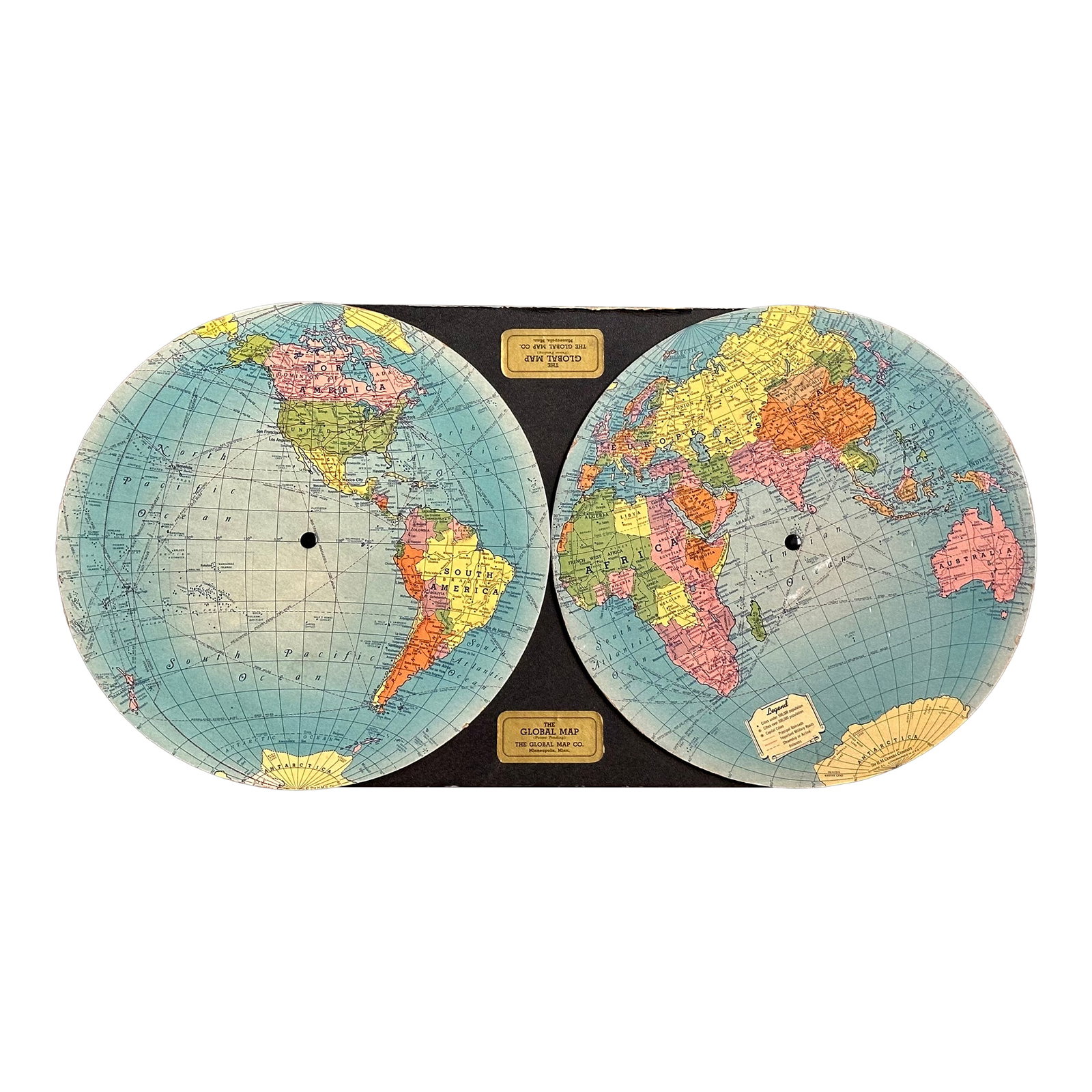 Vintage 1930s World Map Decor: This rare circa 1939 Gousha Global Map captures the world's political boundaries on the brink of World War II. The unique map is constructed of very sturdy cardboard with two rigid cardboard rotating