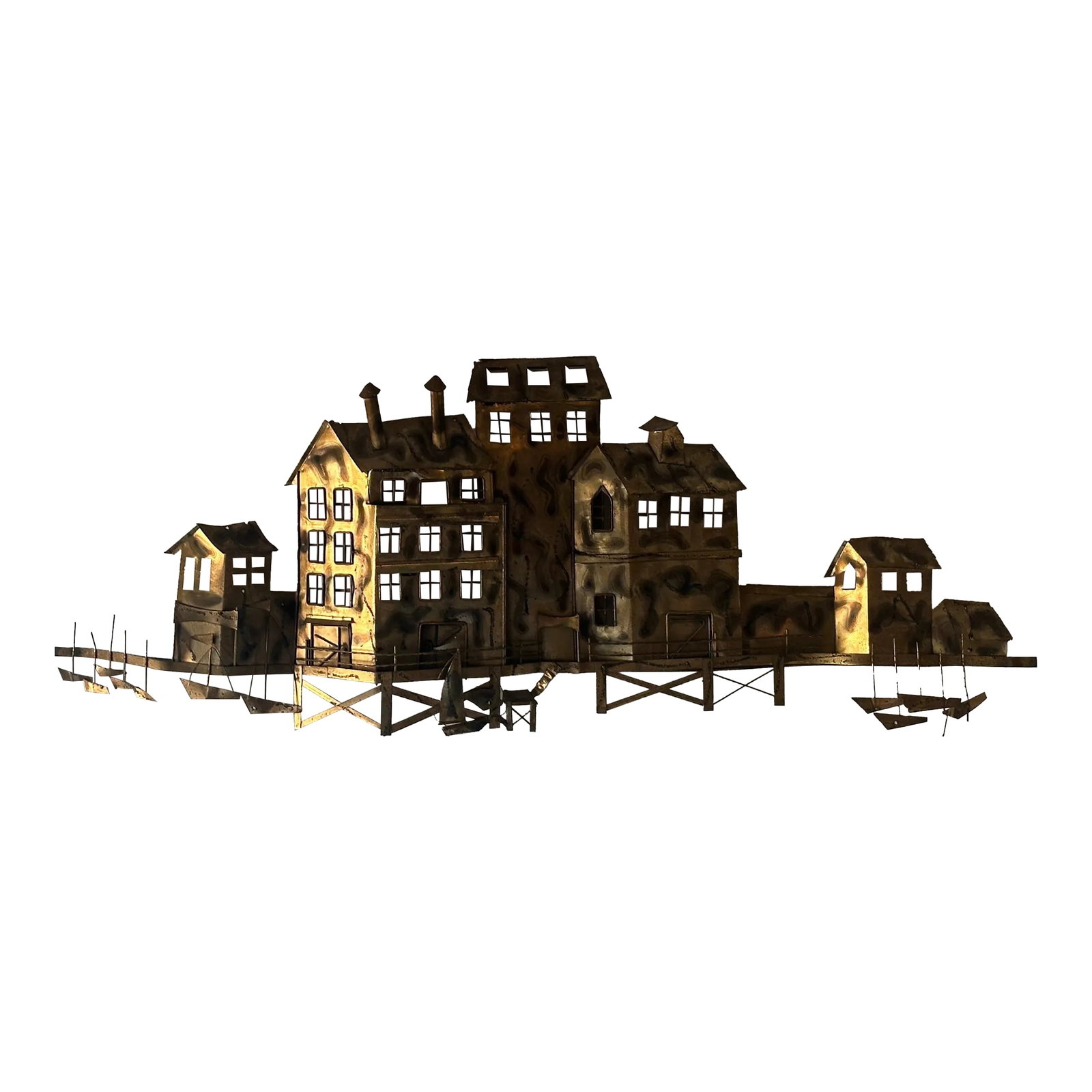 Mid-Century Jere Style Waterfront Scene Metal Wall Hanging: Extra-large 1970s/1980s Mid-Century Curtis Jere Style Harbor Village Waterfront Scene. Brass Sheet Metal Wall Art Sculpture. 3-Dimensional Mixed metal media give perspectival appearance and shadows fr