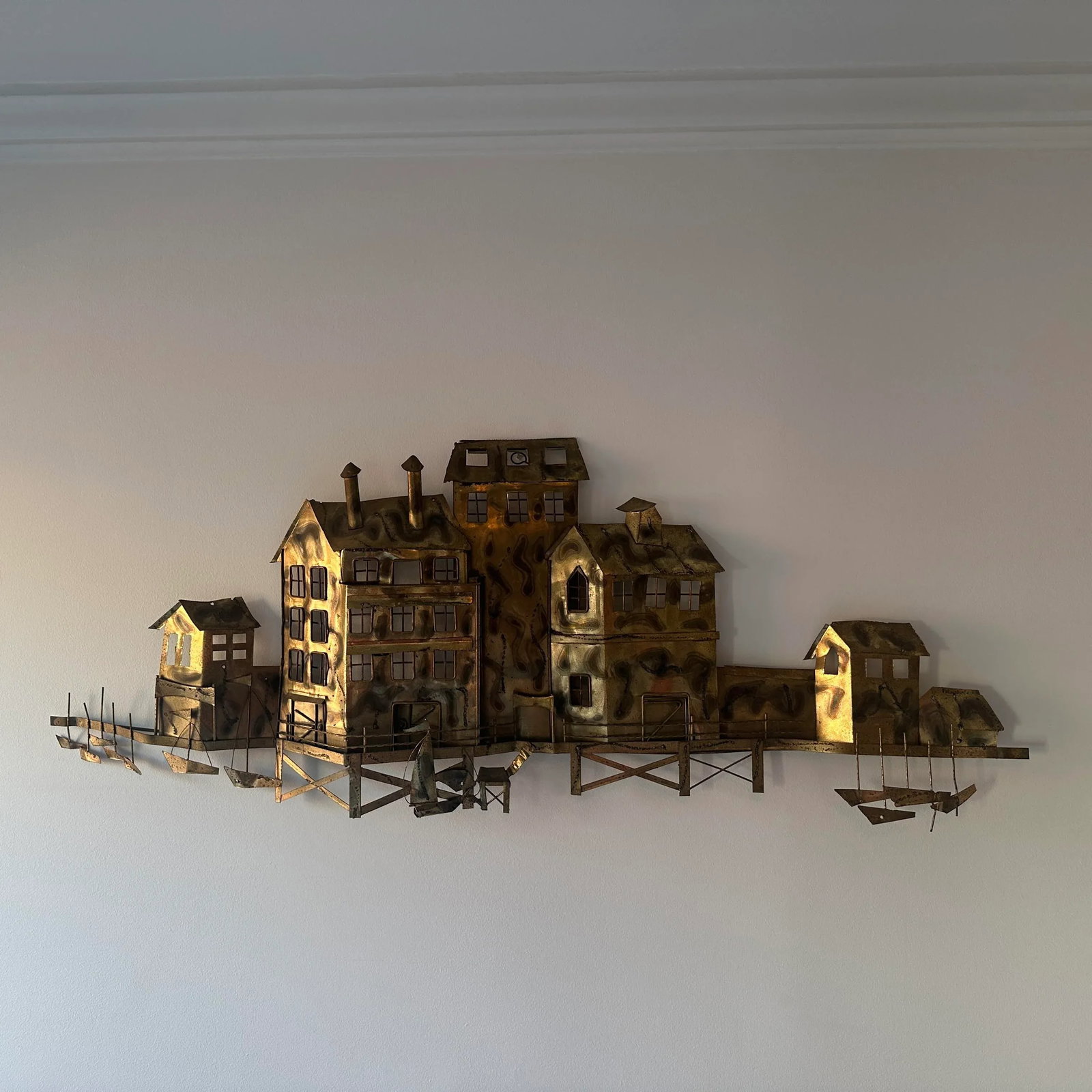 Mid-Century Jere Style Waterfront Scene Metal Wall Hanging - 2