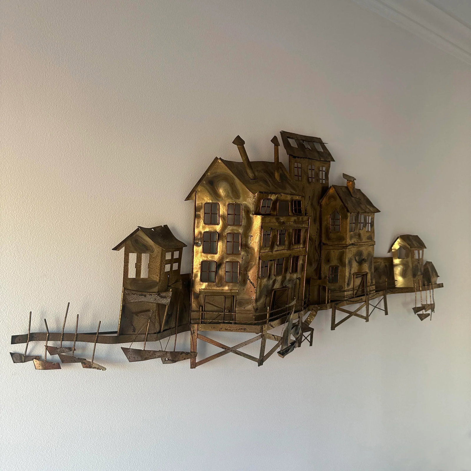 Mid-Century Jere Style Waterfront Scene Metal Wall Hanging - 3
