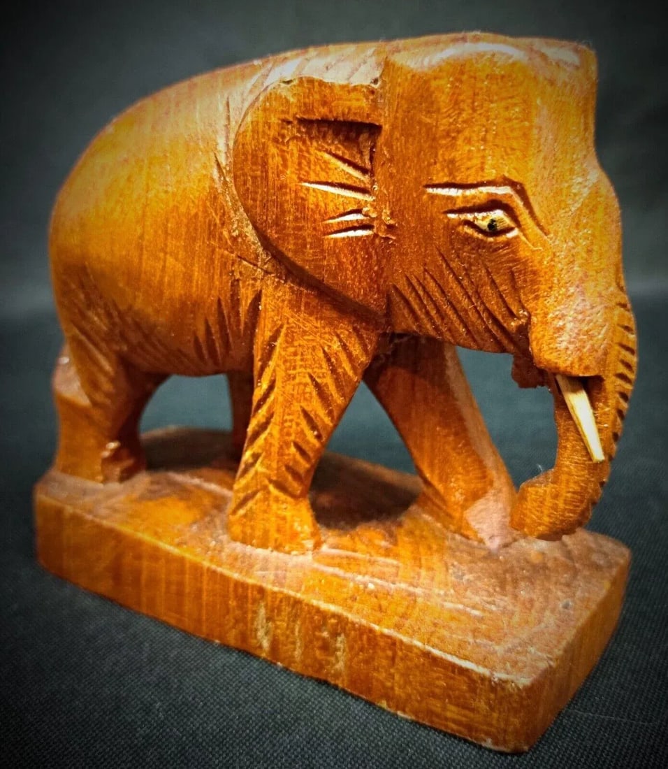 Vintage Rustic Artisan Craft Hand-Carved Wooden Elephant Figurine - 2