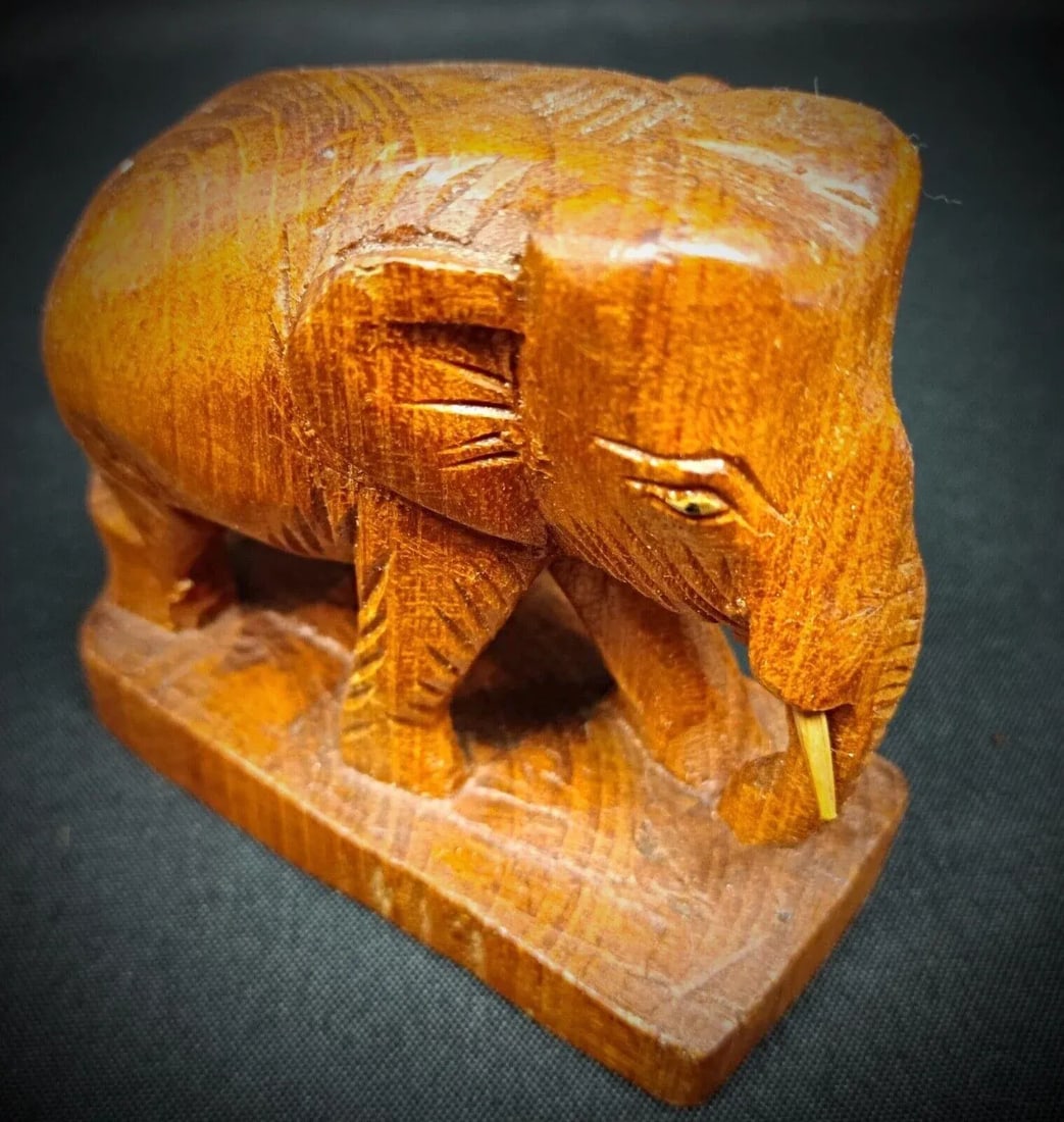 Vintage Rustic Artisan Craft Hand-Carved Wooden Elephant Figurine - 3