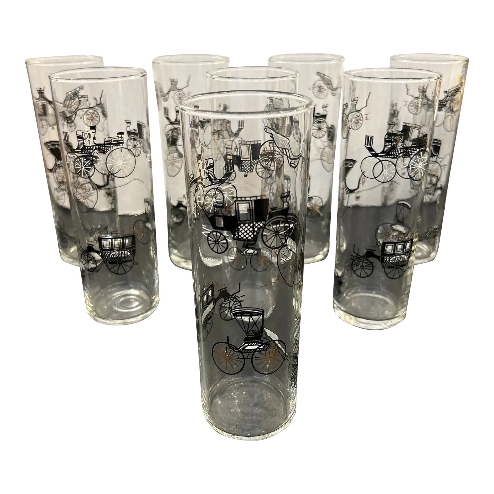 1950s Vintage Buggie Motif Tall Highball Cocktail Glasses Set of 8: Really fun set of 8 highball cocktail glasses with vintage biggie motif. Great for Tom Collins and Long Island iced tea and many more fun cocktails. Condition: Alterations: Original Condition