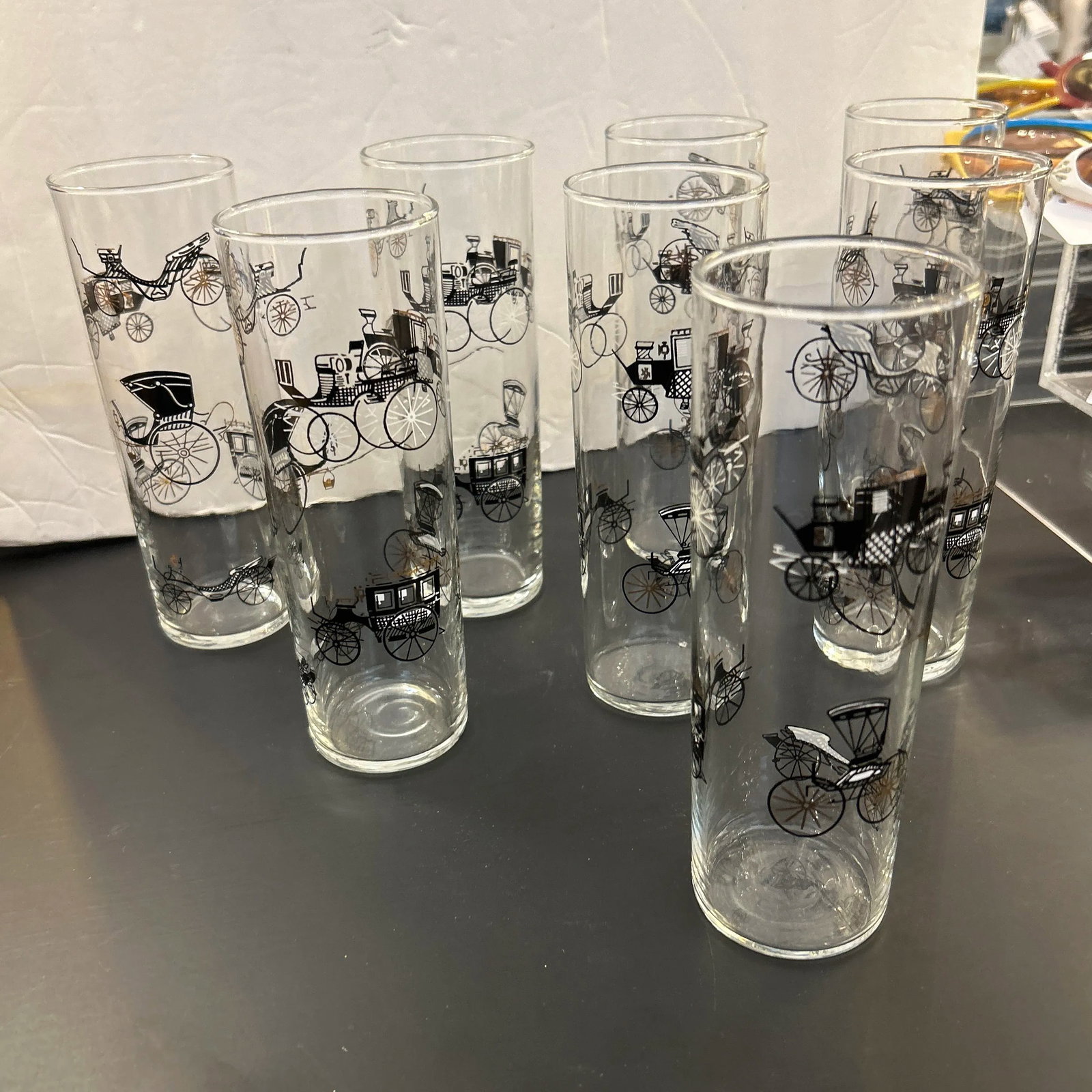 1950s Vintage Buggie Motif Tall Highball Cocktail Glasses Set of 8 - 2