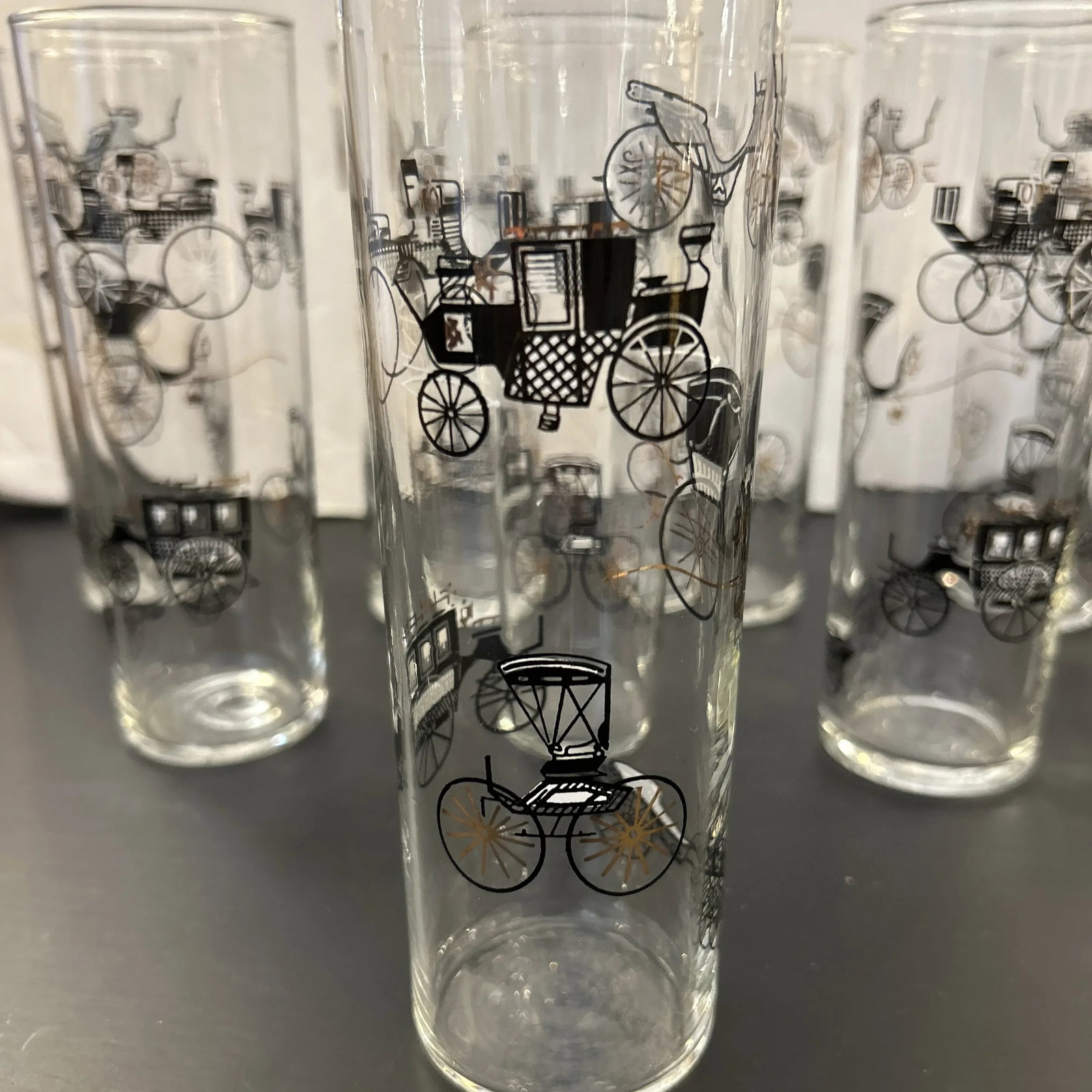 1950s Vintage Buggie Motif Tall Highball Cocktail Glasses Set of 8 - 3