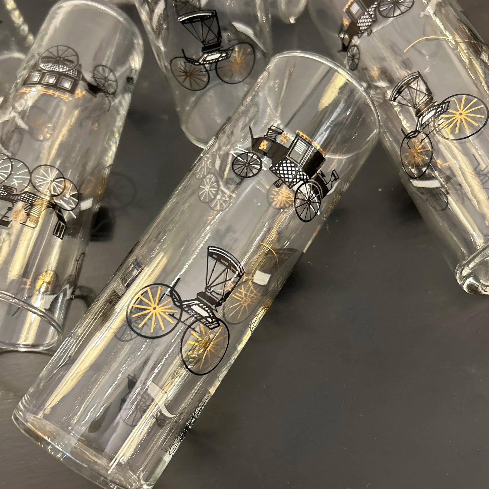 1950s Vintage Buggie Motif Tall Highball Cocktail Glasses Set of 8 - 5