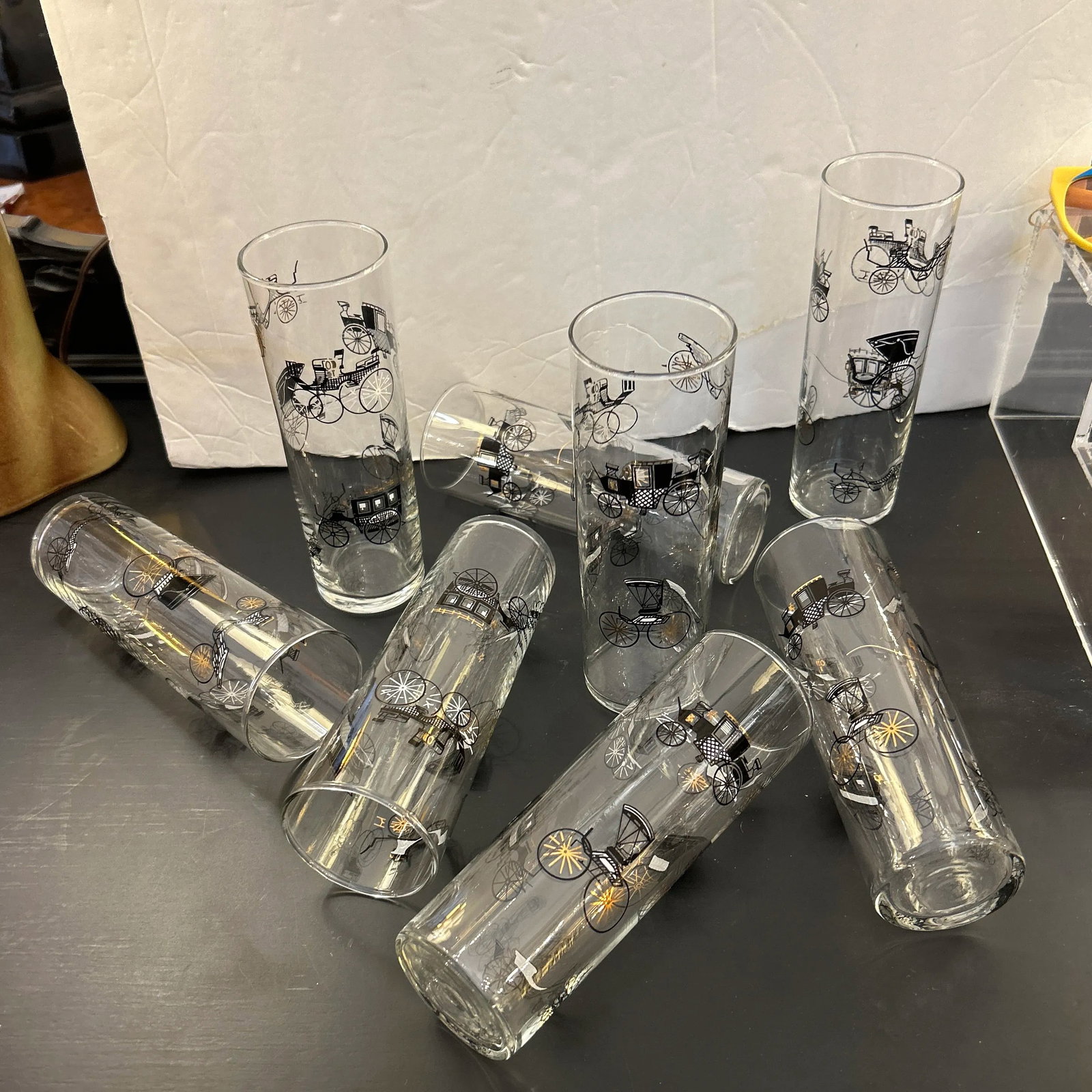 1950s Vintage Buggie Motif Tall Highball Cocktail Glasses Set of 8 - 8