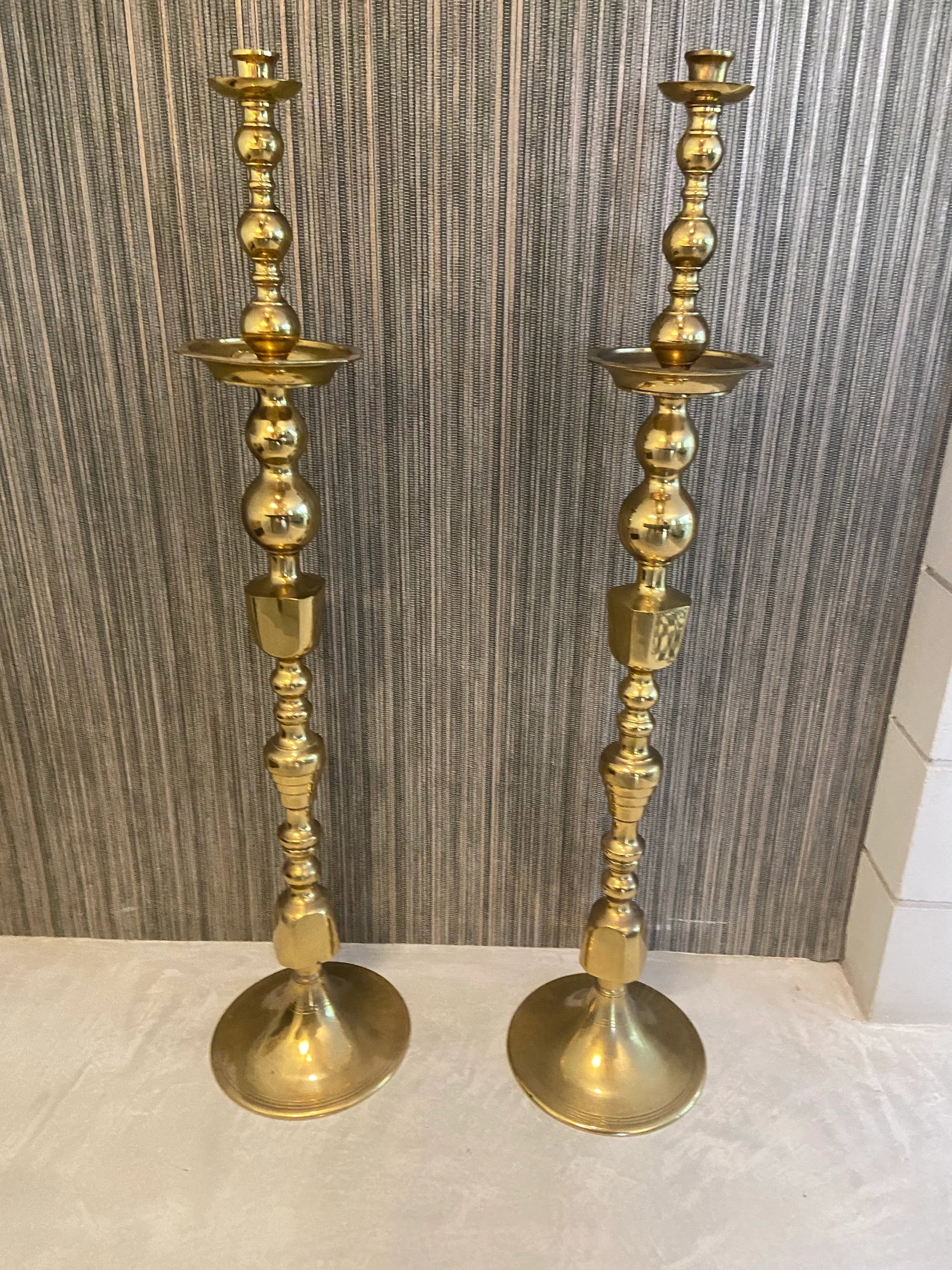 Monumental Pair of Mid 20th Century Brass Floor Candleholders - 2