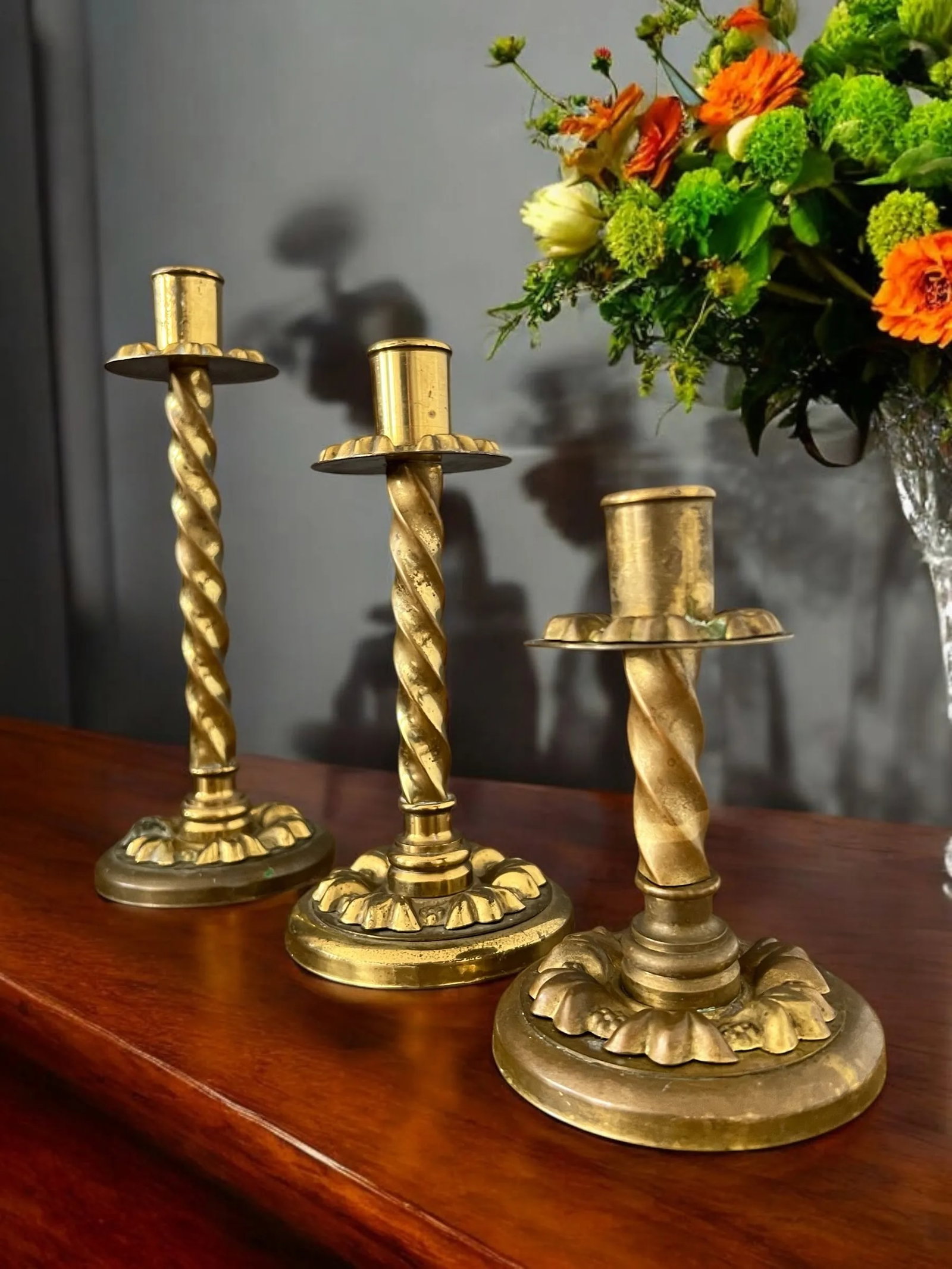 Set of 3 Antique Brass Candle Holder - 3