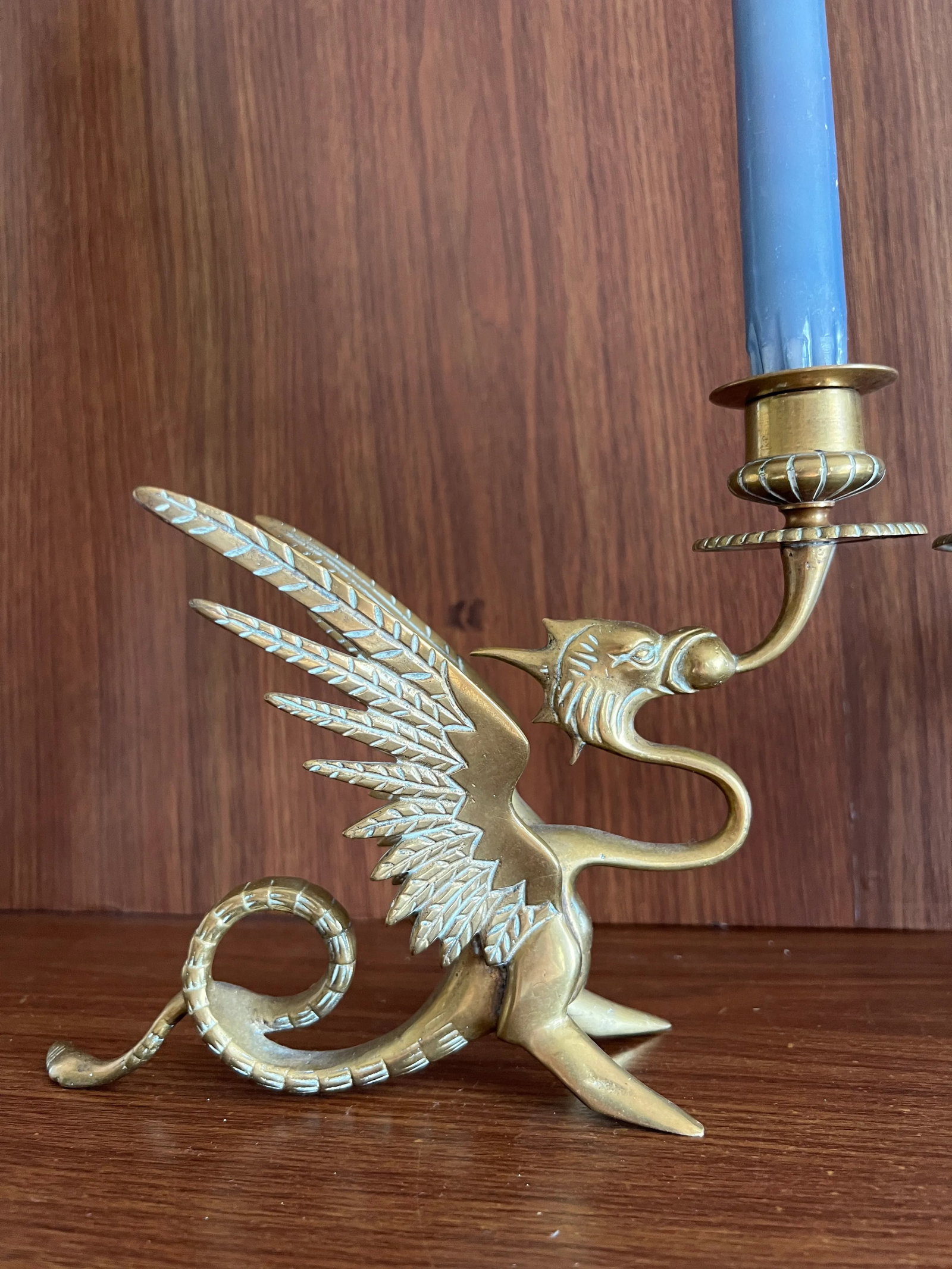 Antique Gilded Bronze Phoenix Dragon Candlestick Holders- a Pair - 2