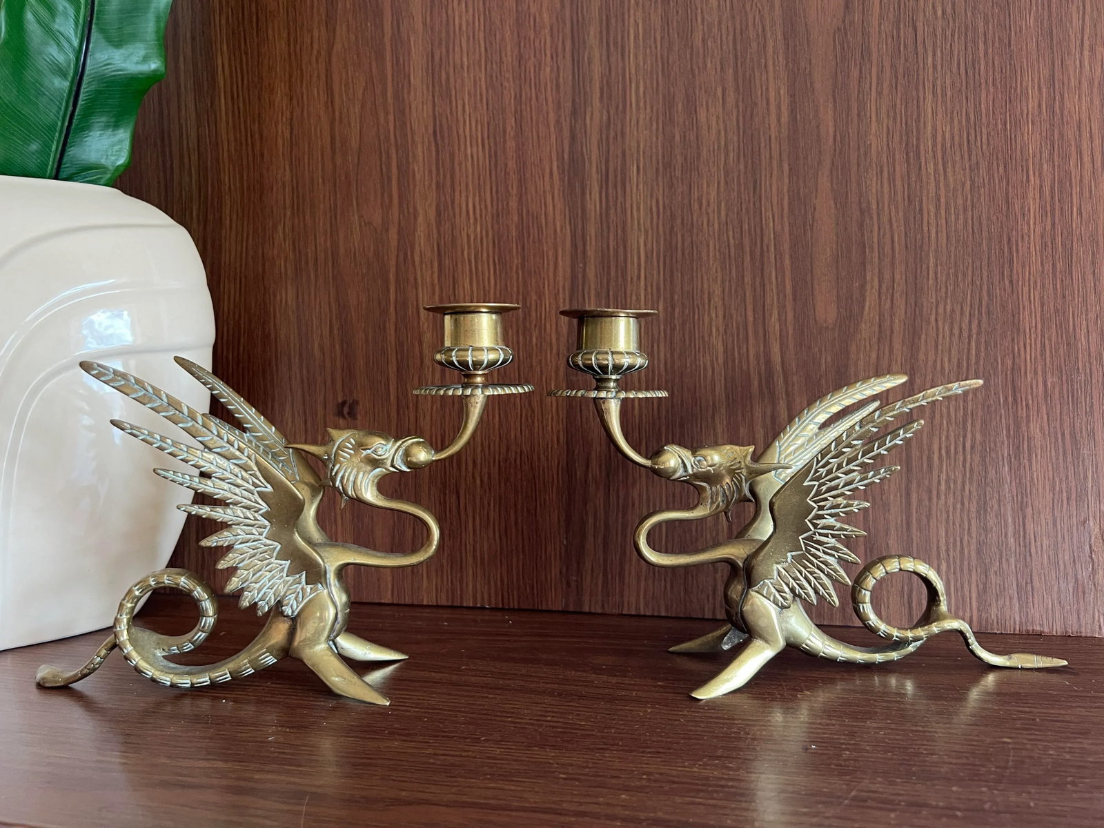 Antique Gilded Bronze Phoenix Dragon Candlestick Holders- a Pair - 3