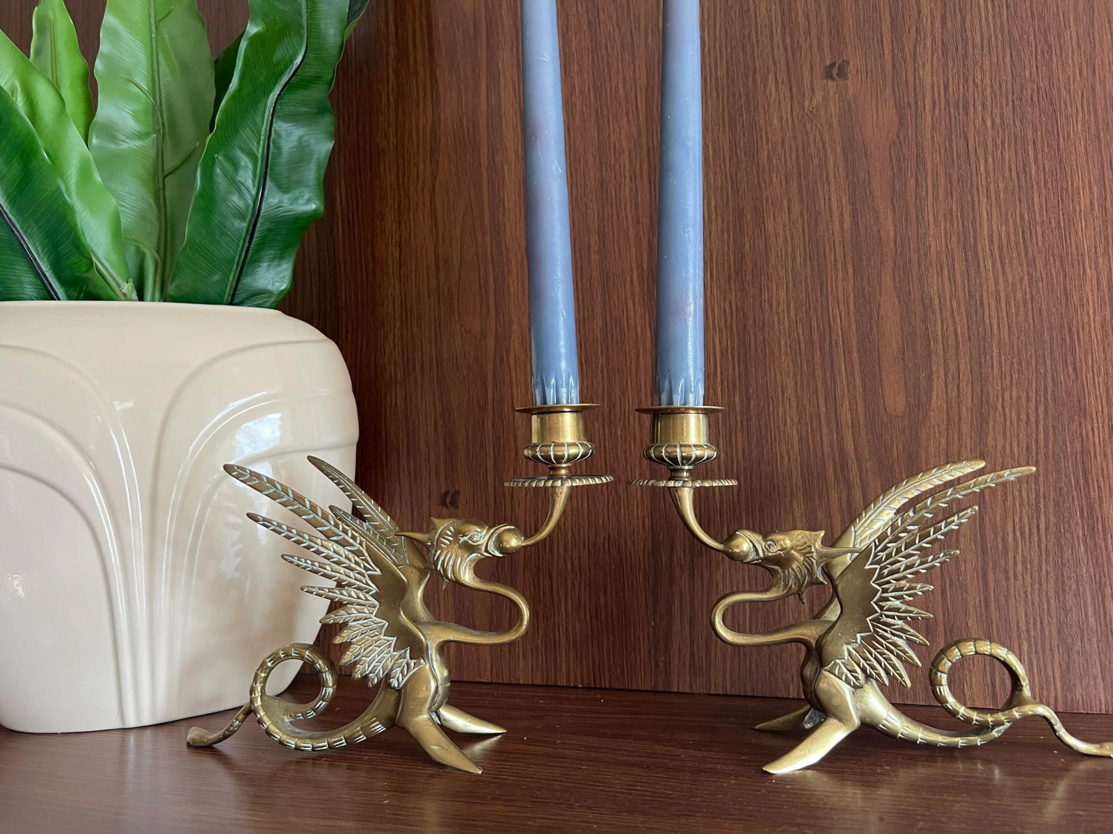 Antique Gilded Bronze Phoenix Dragon Candlestick Holders- a Pair - 4