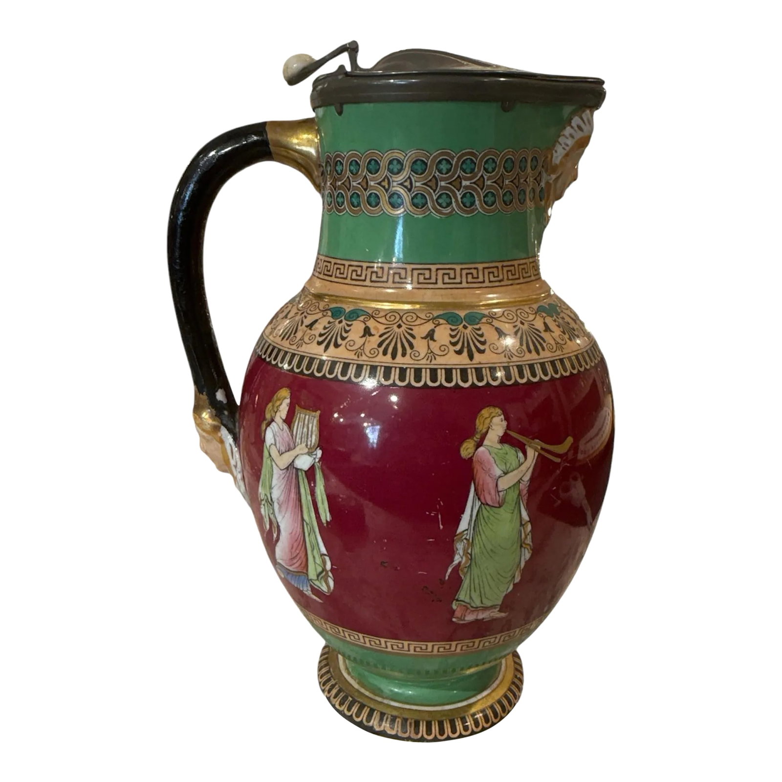 19th Century Pratt Ware Pitcher: Absolutely beautiful 19th century prattware pitcher. Vibrant emerald and Bordeaux colors accented with touches of gold. Condition: Alterations: Original Condition Unaltered Imperfections: Some