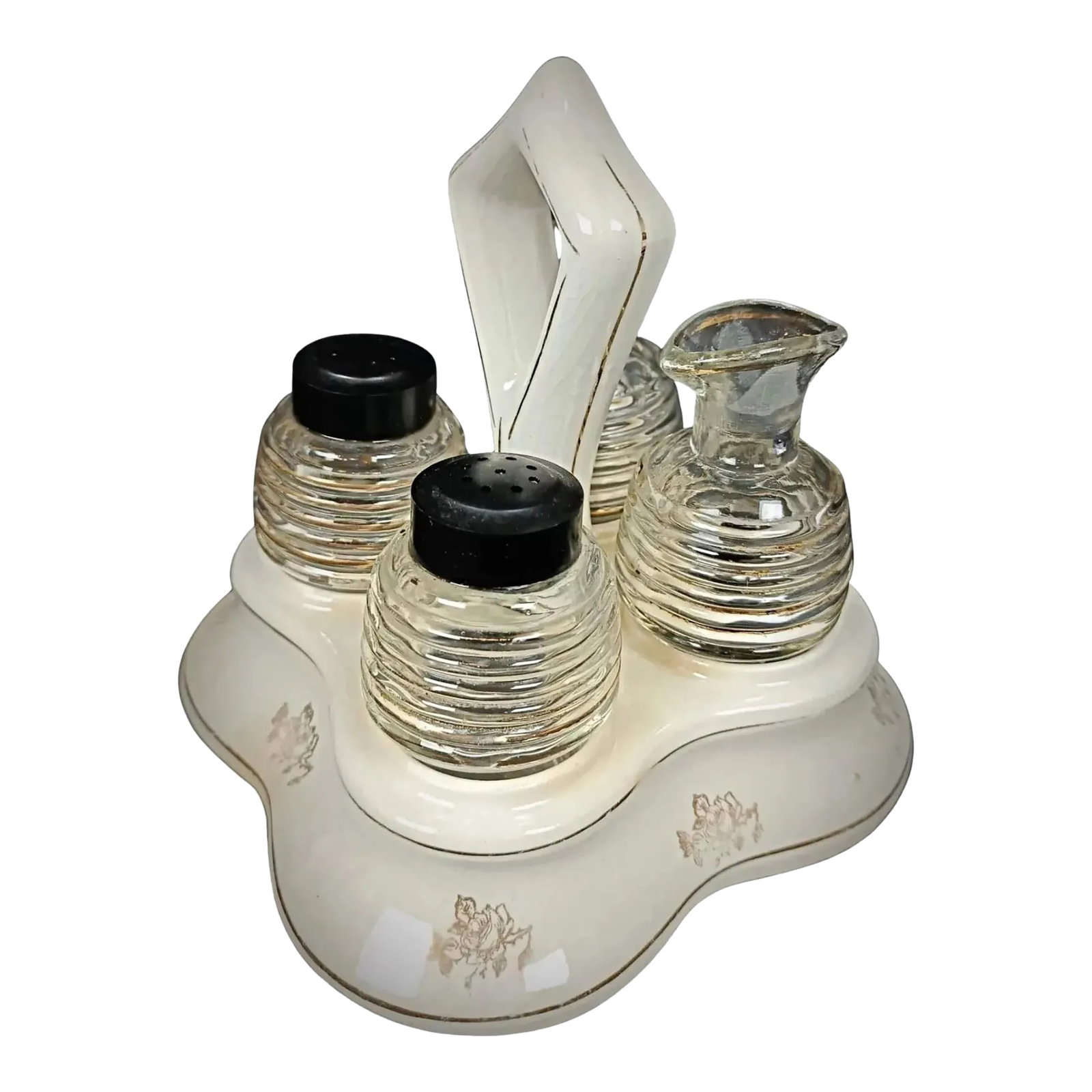 Vintage Glass and Faience Condiment Set With Floral "China" Design- 5 Pieces (1 of 12)
