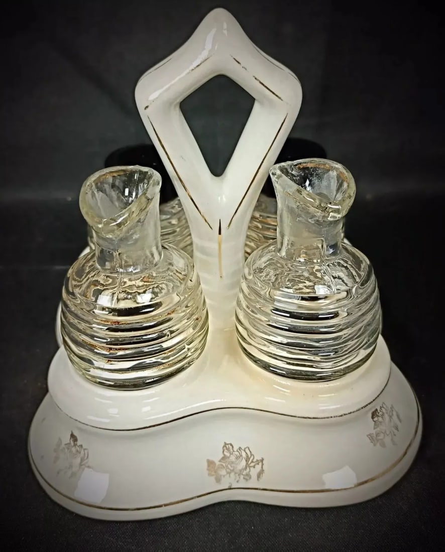 Vintage Glass and Faience Condiment Set With Floral "China" Design- 5 Pieces - 5