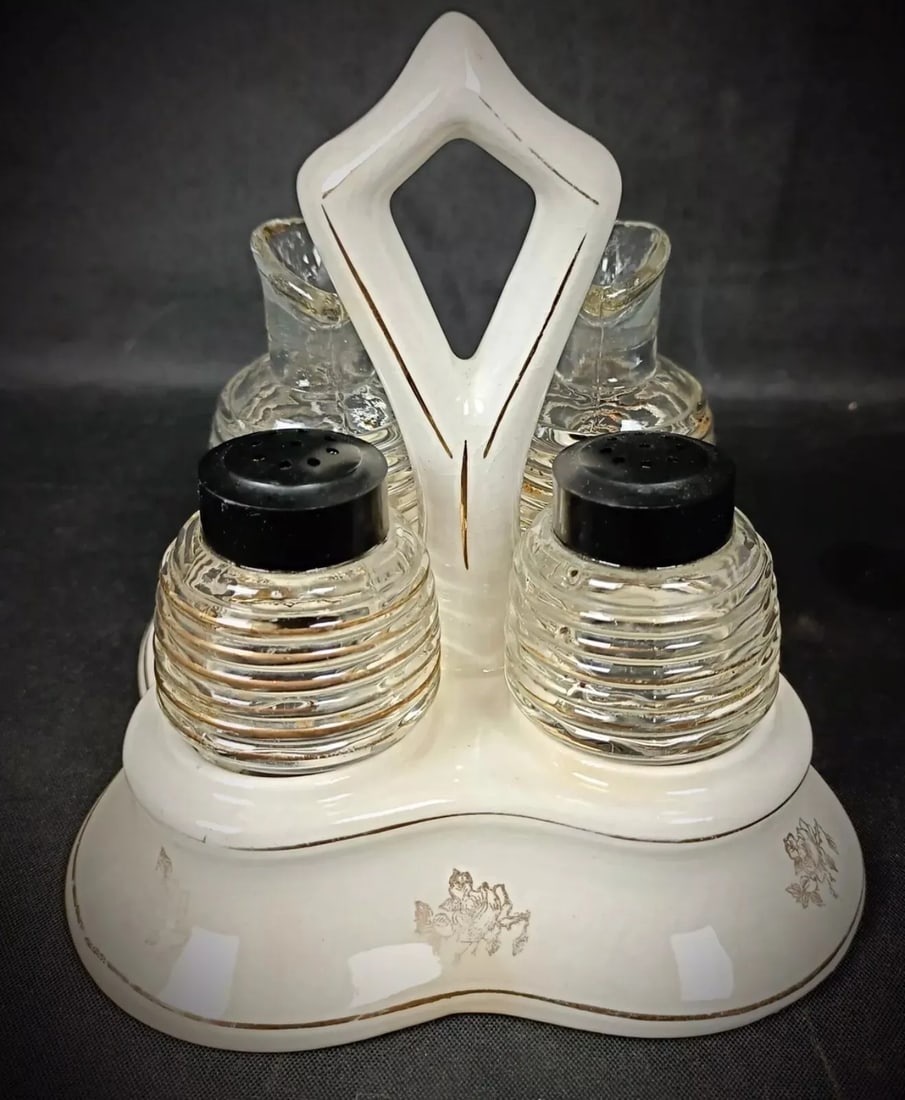 Vintage Glass and Faience Condiment Set With Floral "China" Design- 5 Pieces - 6