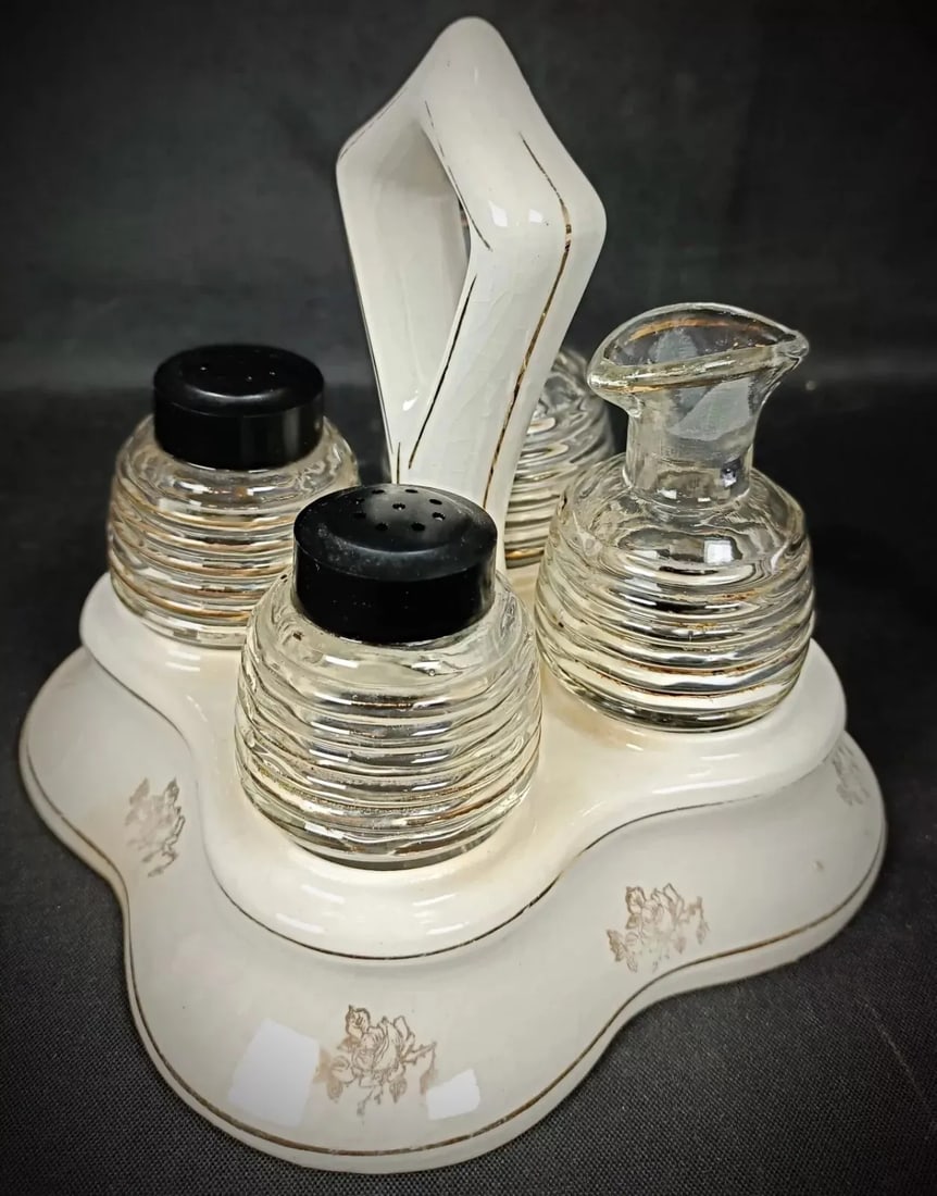 Vintage Glass and Faience Condiment Set With Floral "China" Design- 5 Pieces - 8