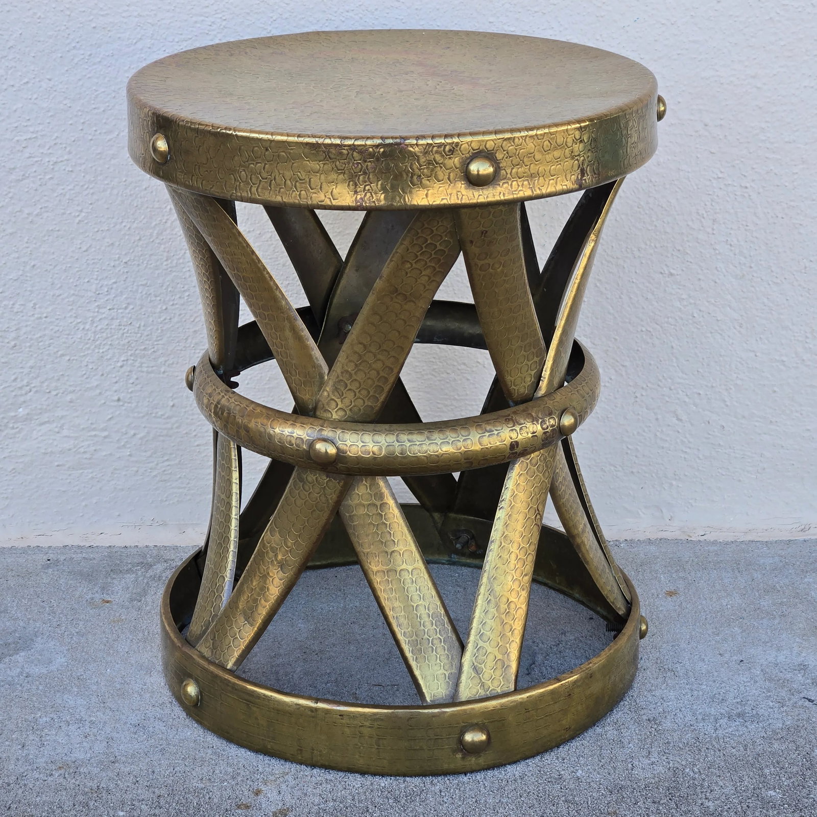1960s Mid-Century Hammered Brass Drum Stool - 2