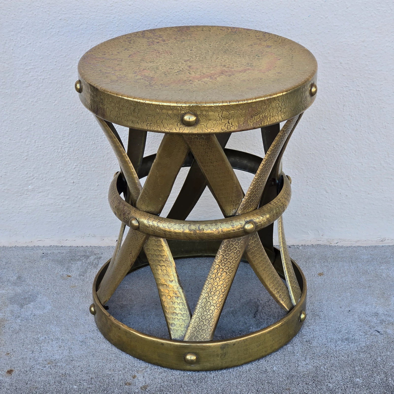 1960s Mid-Century Hammered Brass Drum Stool - 3