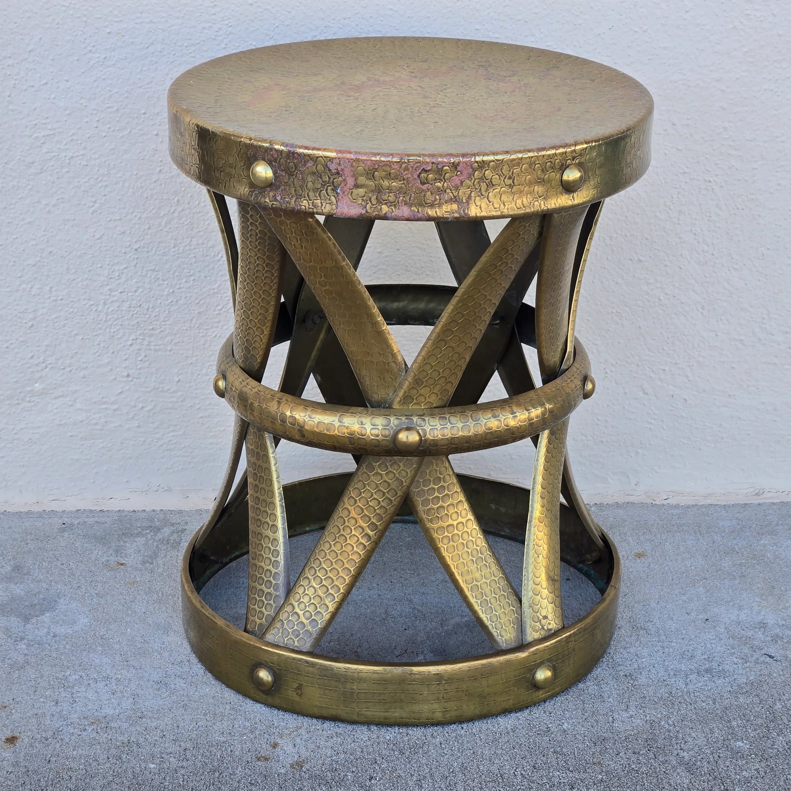1960s Mid-Century Hammered Brass Drum Stool - 4