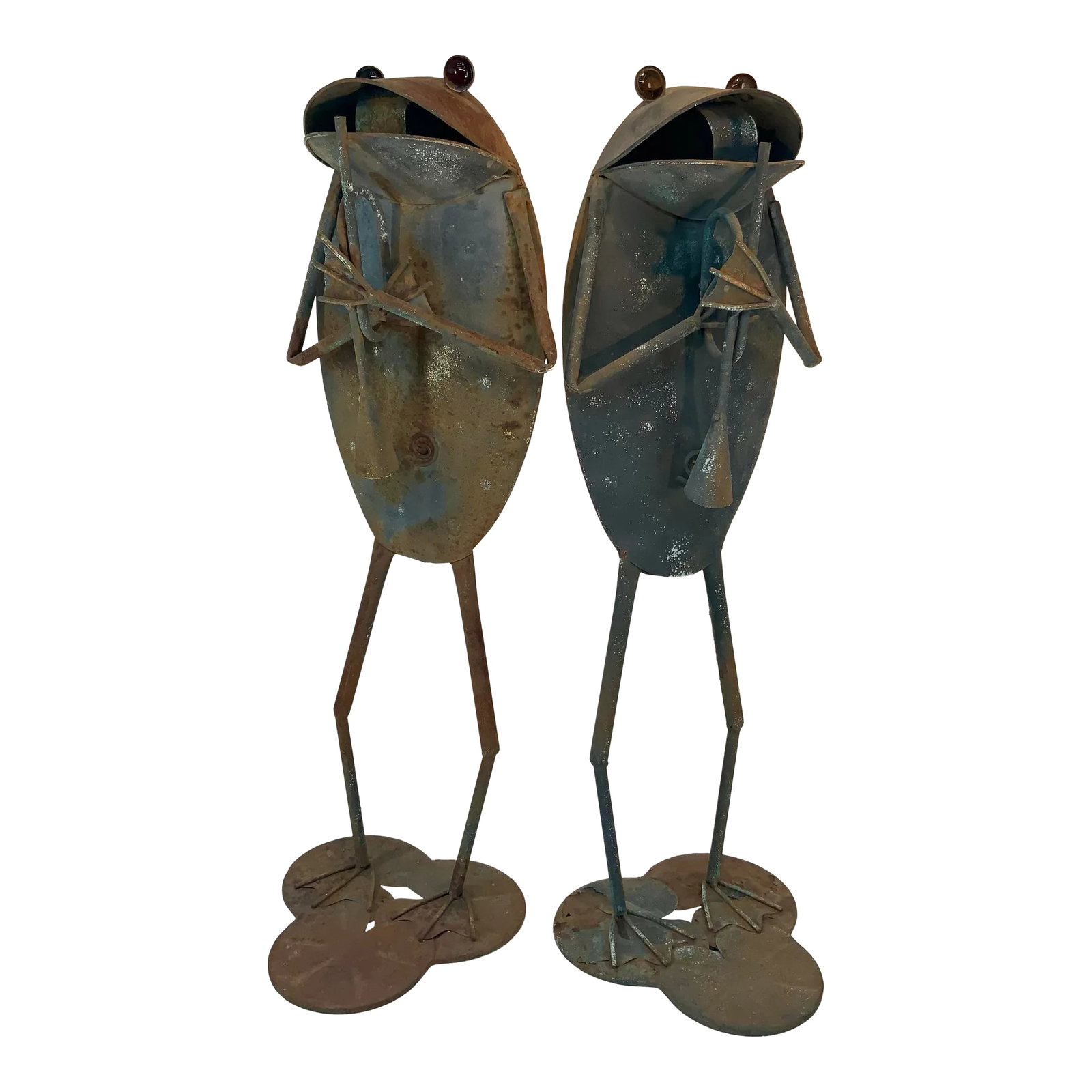 Pair of Vintage Tin Metal Frogs Garden Ornaments: Cute pair glass eyed frogs playing trombone standing on lily pods. Condition: Alterations: Original Condition Unaltered Imperfections: Some Imperfections Condition Notes: Patina and rust from age and 