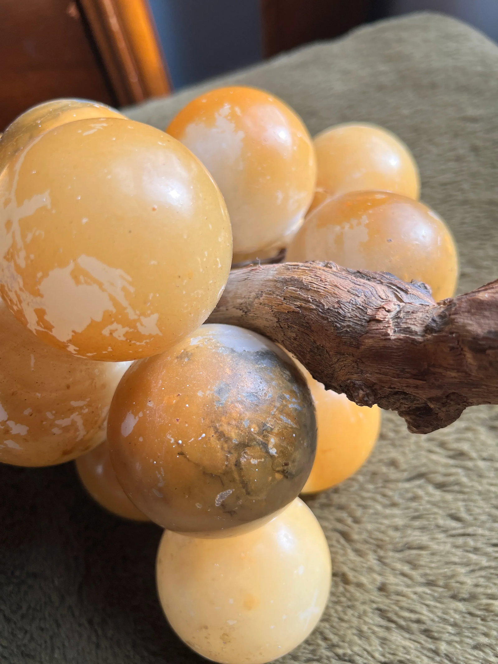 Vintage Italian Natural Alabaster Stone Grape Cluster With Natural Grape Vine - 10