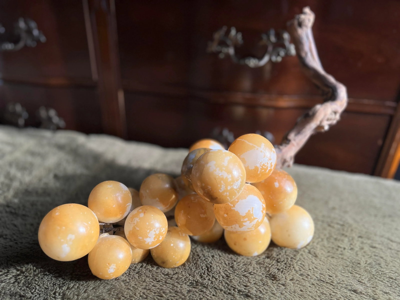 Vintage Italian Natural Alabaster Stone Grape Cluster With Natural Grape Vine - 11