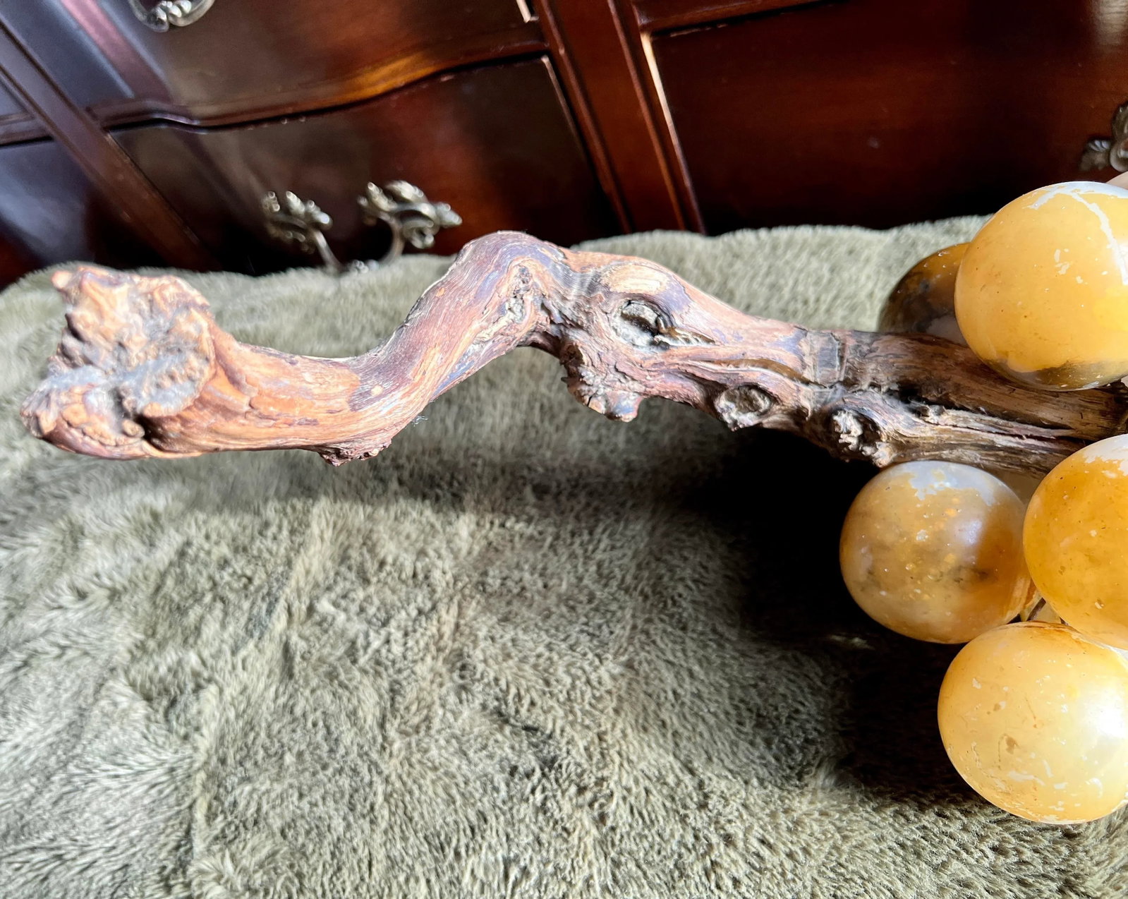 Vintage Italian Natural Alabaster Stone Grape Cluster With Natural Grape Vine - 2