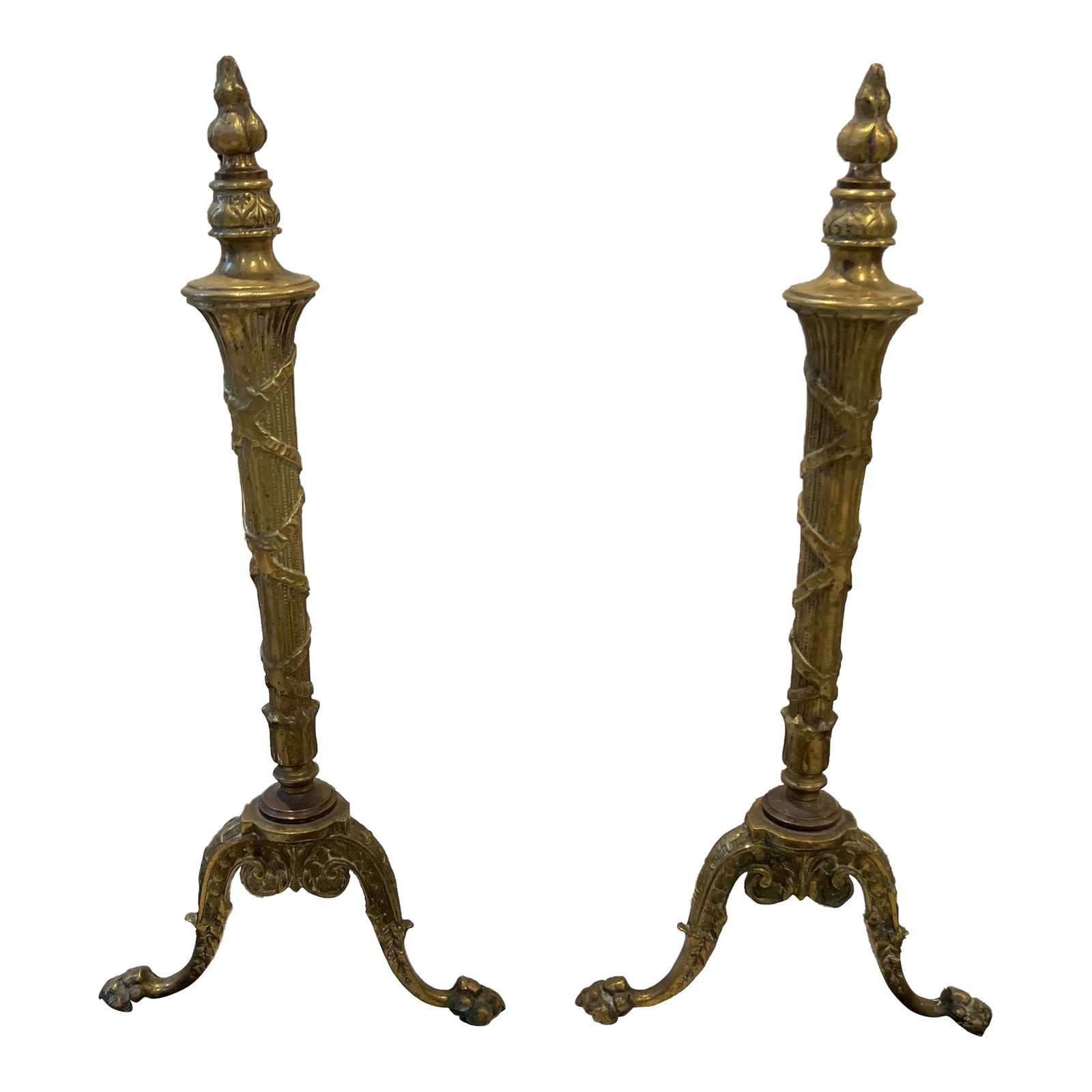 Pair of 1920s French Brass Andirons: Gorgeous pair of vintage brass andirons in excellent condition and with a small amount of verdigris, giving them a lovely patina. Condition: Alterations: Original Condition Unaltered Imperfections: