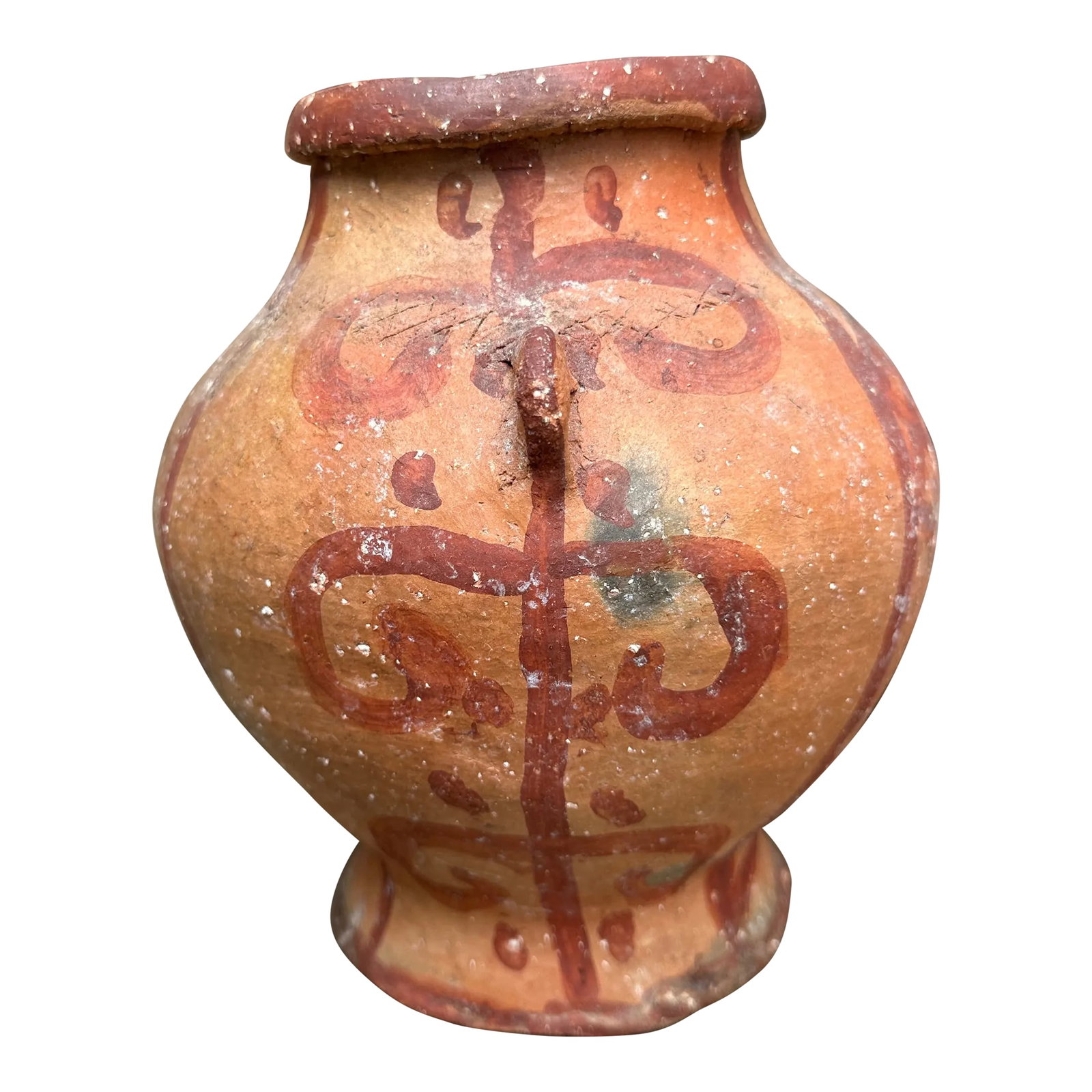 Primitive Ancient Pre-Colombian Unidentified Pottery Vase: This handmade terracotta vessel appears to be a vintage or antique earthenware pot, possibly of Mexican, Central American, or Southwestern Native American origin. The rounded form, flared base, and de