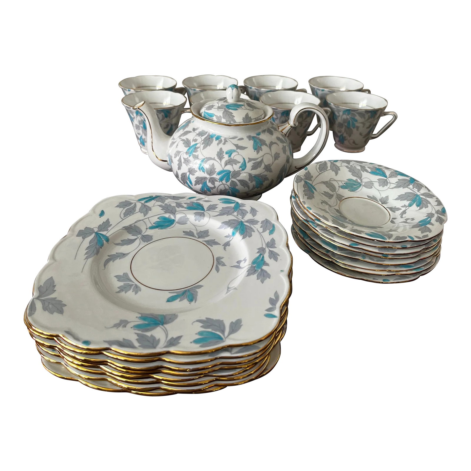Vintage Royal Grafton China Tea Set Serving for 8- 25 Pieces: Vintage Royal Grafton bone china tea set serving for 8 . Stunning aqua & gray gold rimmed in pattern called "Ashley". Produced from 1935to 1949 by Grafton & Sons Co. in Longton England. Tea pot is 9 i