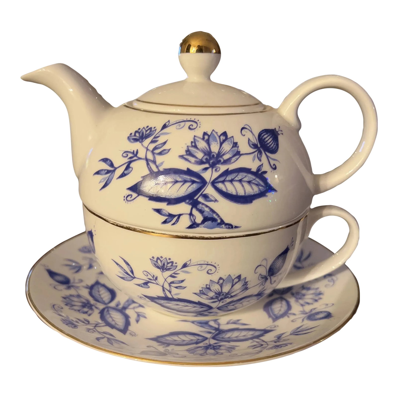 Vintage Bone China Tea for One by Artfil: Tea for One by Artfil - vintage bone china tea for one set - perfect vintage condition; minor wear to gold rim around cup - saucer measures 6 5/8" diameter - teacup rim measures 4 3/8" diameter - meas