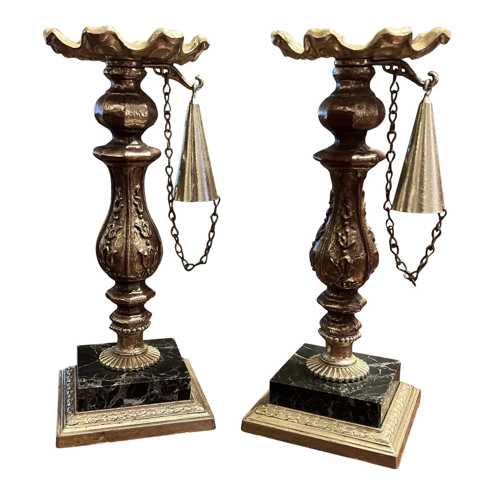 1950s Ornate Marble Based Silver Plated Candlesticks With Attached Snuffers - a Pair (1 of 12)