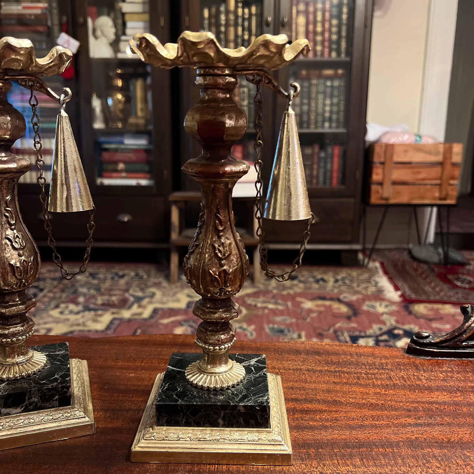 1950s Ornate Marble Based Silver Plated Candlesticks With Attached Snuffers - a Pair - 2