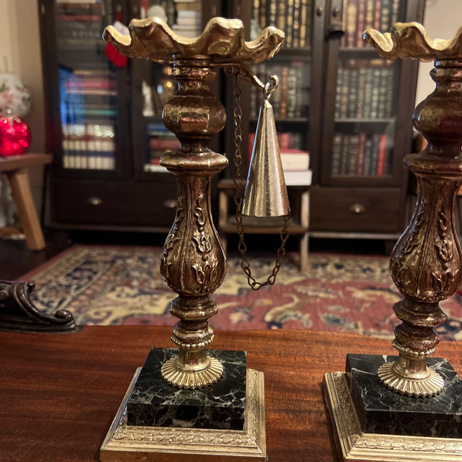 1950s Ornate Marble Based Silver Plated Candlesticks With Attached Snuffers - a Pair - 3