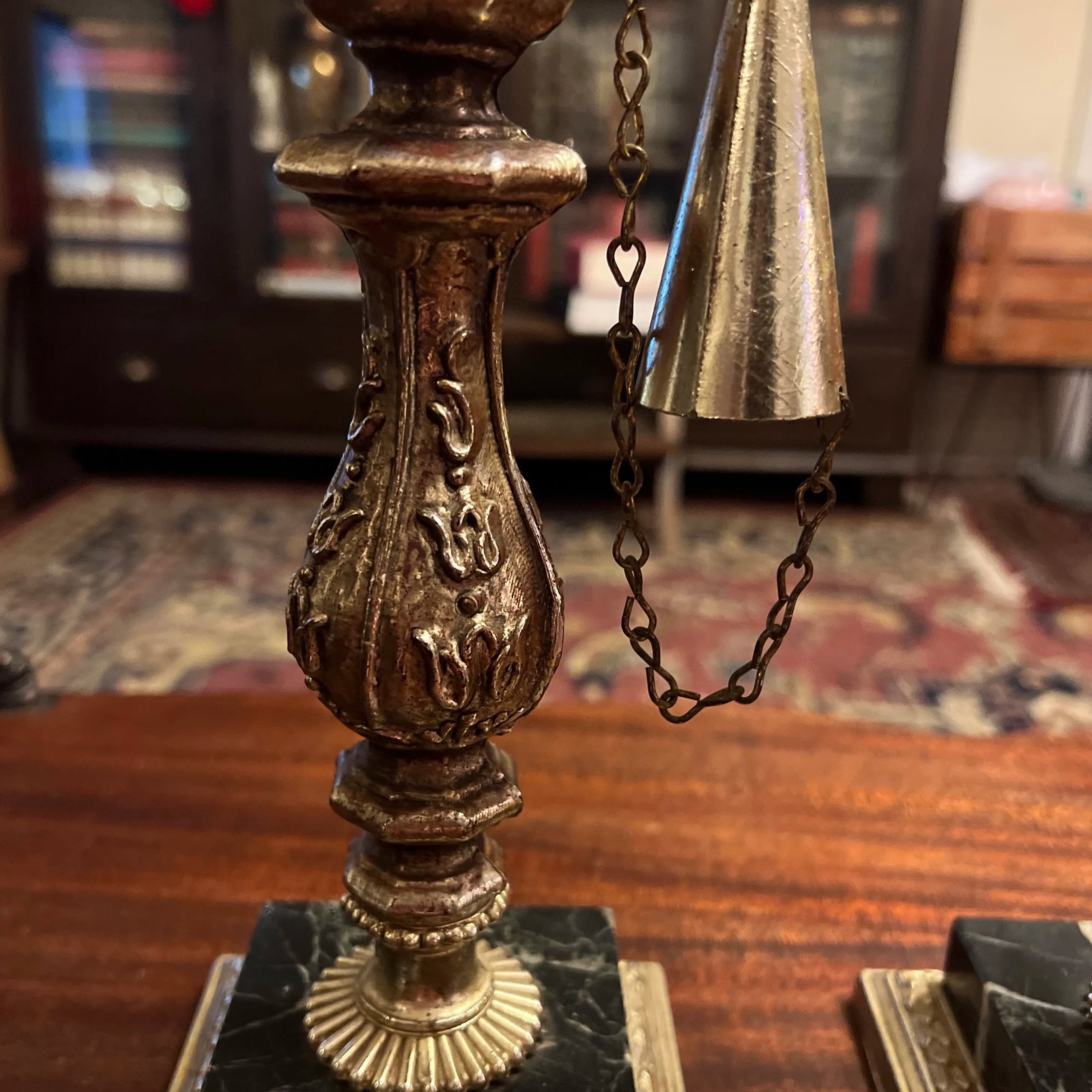 1950s Ornate Marble Based Silver Plated Candlesticks With Attached Snuffers - a Pair - 7