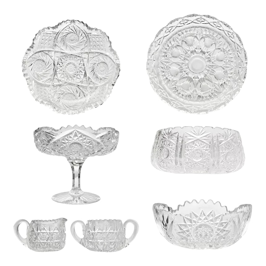 1940s 7-Piece American Brilliant Period Cut Crystal Dinnerware Serving Hostess Set: 7-Piece American Brilliant Period Cut Crystal Dinnerware Serving Hostess Set Good vintage condition. Some of the pieces have small chips or fleabites. Comes with age use. See pictures. Set Includes 1 