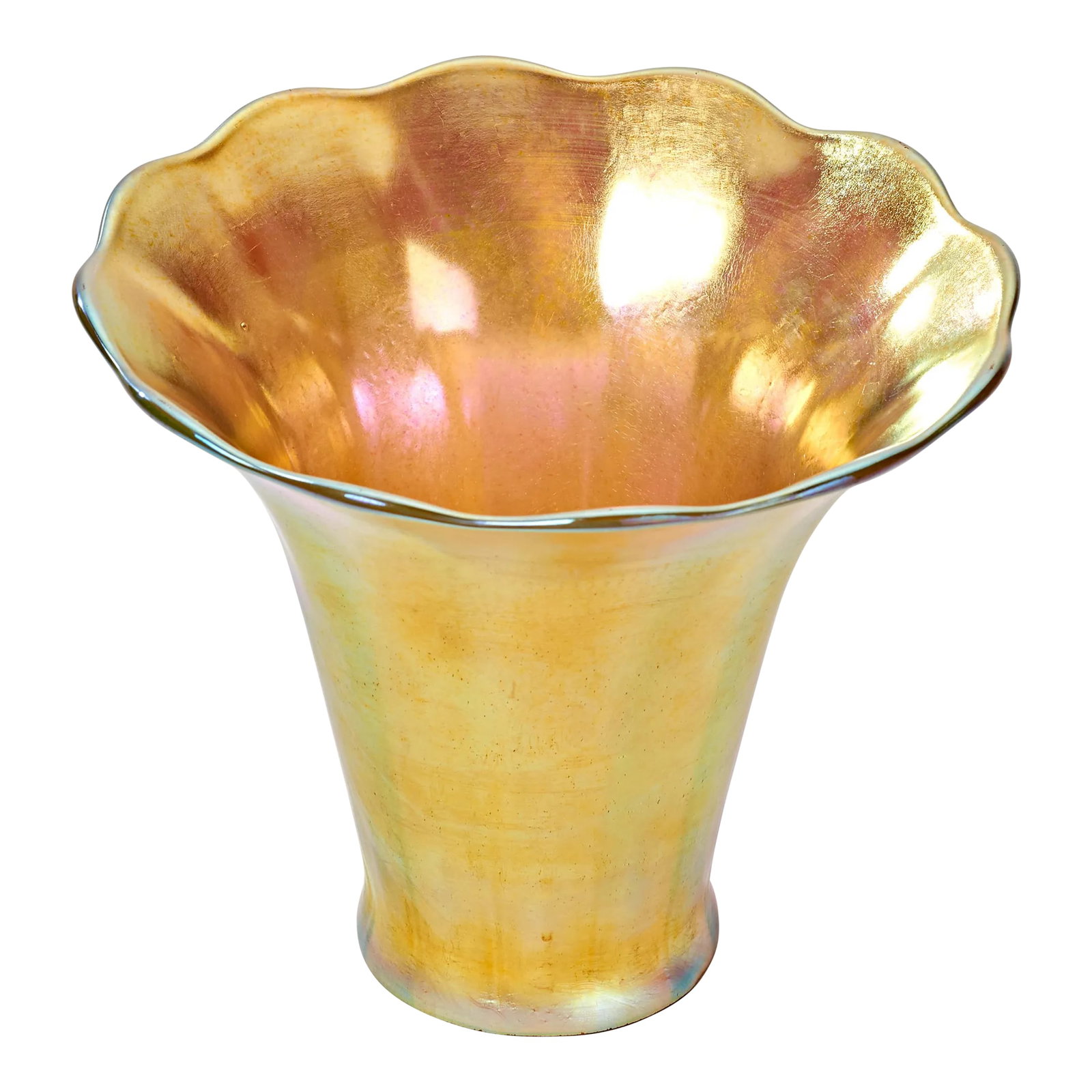 Mid 20th Century Tiffany Style Tulip Glass Lamp Shade: Nice scalloped shape and beautiful iridescent gold glass. Fitter size is 2.25 inches. Condition: Alterations: Original Condition Unaltered Imperfections: Some Imperfections Condition Notes: Excellent