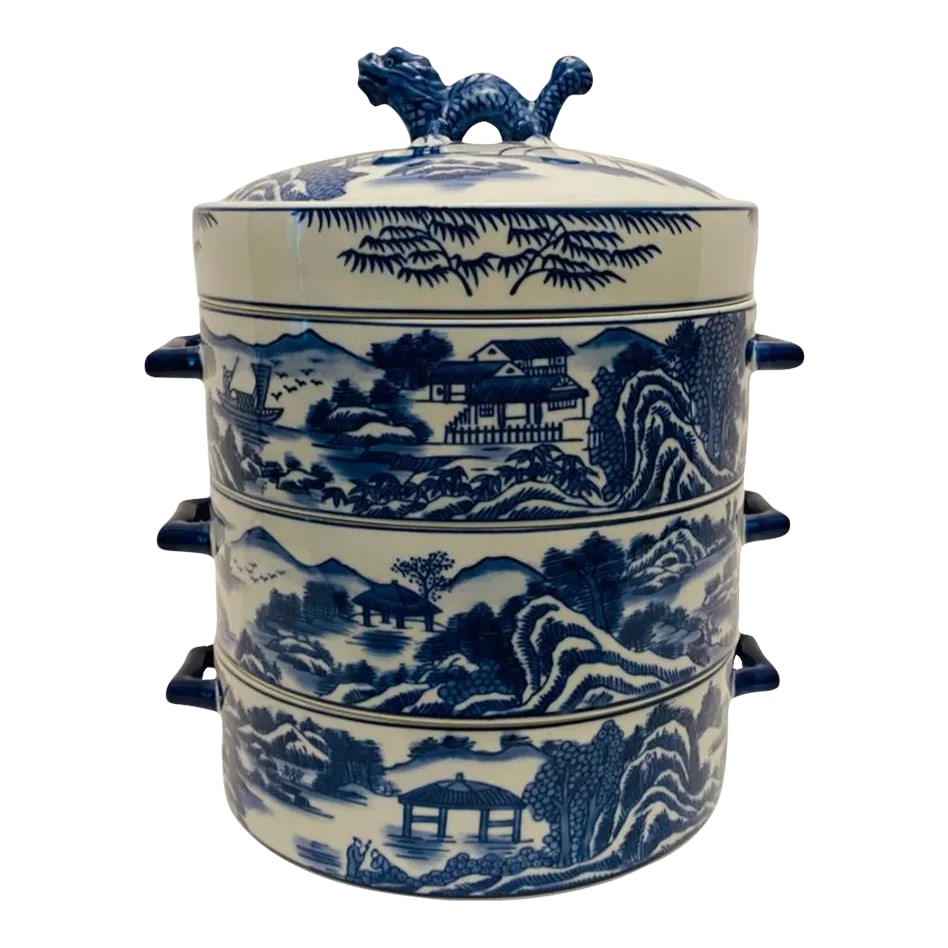 Late 20th Century Bombay Blue Willow Porcelain Lunch Box Chinese Dragon 4 Piece Stacking Dish: Bombay Blue Willow Porcelain Lunch Box Chinese Dragon 4 Piece Stacking Dish. Excellent overall preowned condition. No chip, cracks, or staining. Item measures approximately 7.75"L x 7.75"W x 11"H.