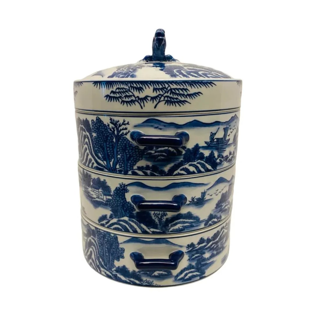 Late 20th Century Bombay Blue Willow Porcelain Lunch Box Chinese Dragon 4 Piece Stacking Dish - 2