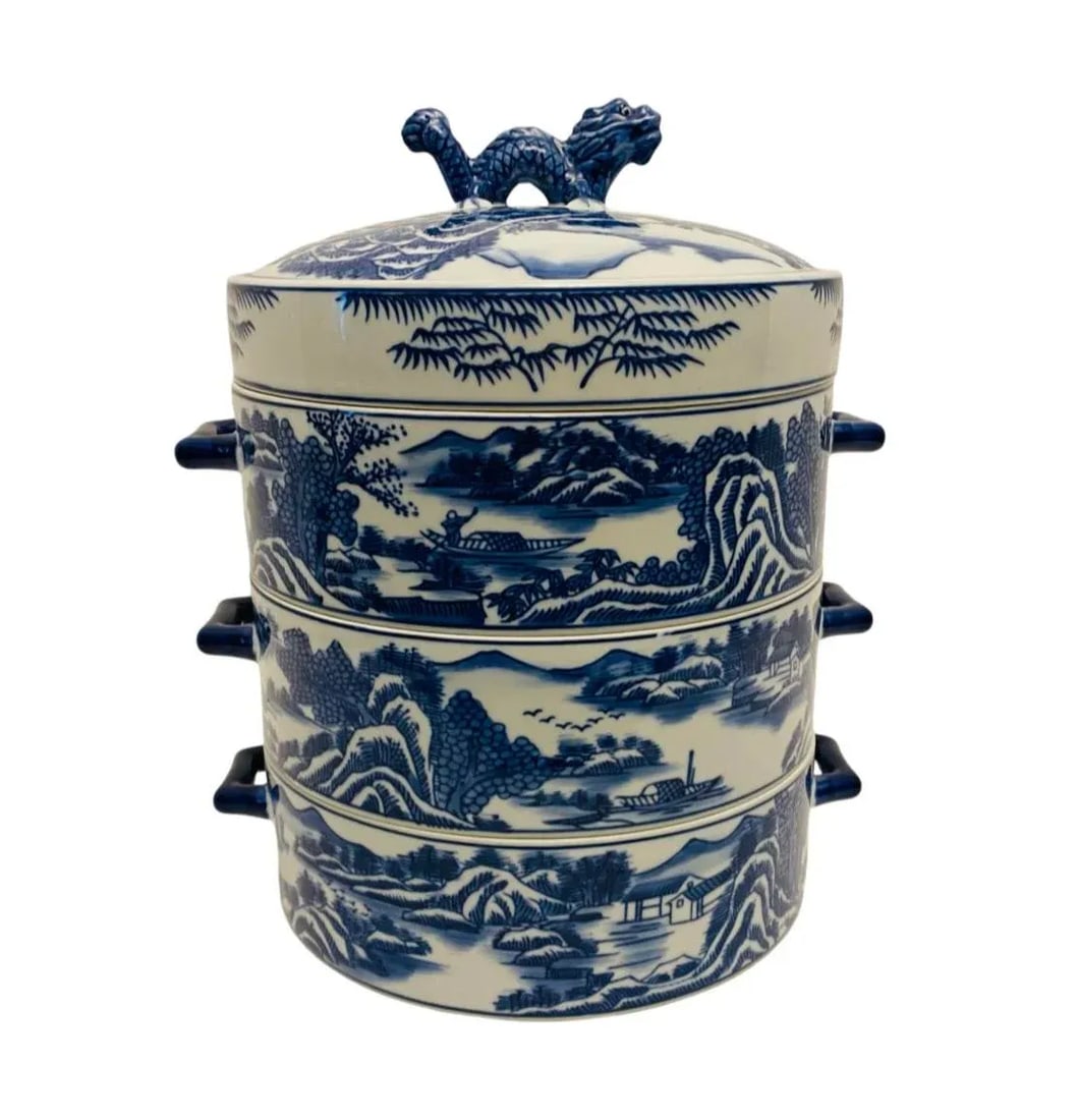 Late 20th Century Bombay Blue Willow Porcelain Lunch Box Chinese Dragon 4 Piece Stacking Dish - 3