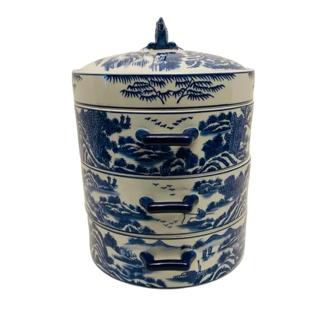 Late 20th Century Bombay Blue Willow Porcelain Lunch Box Chinese Dragon 4 Piece Stacking Dish - 4
