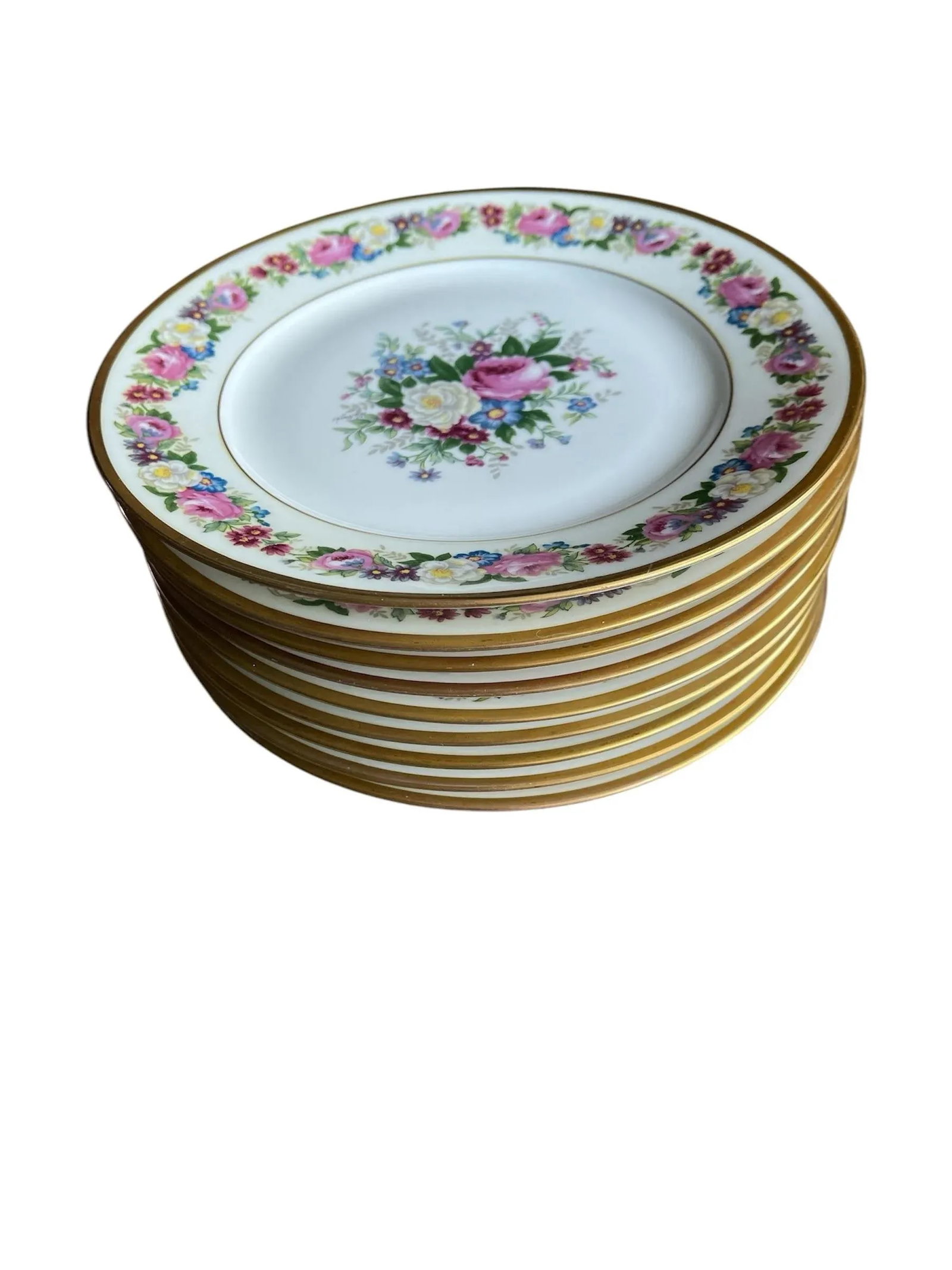 1908 Vintage Bernardaud & Cie Limoges France Hand Painted "Roses & Violets" Floral Plates- Set of 9 - 10