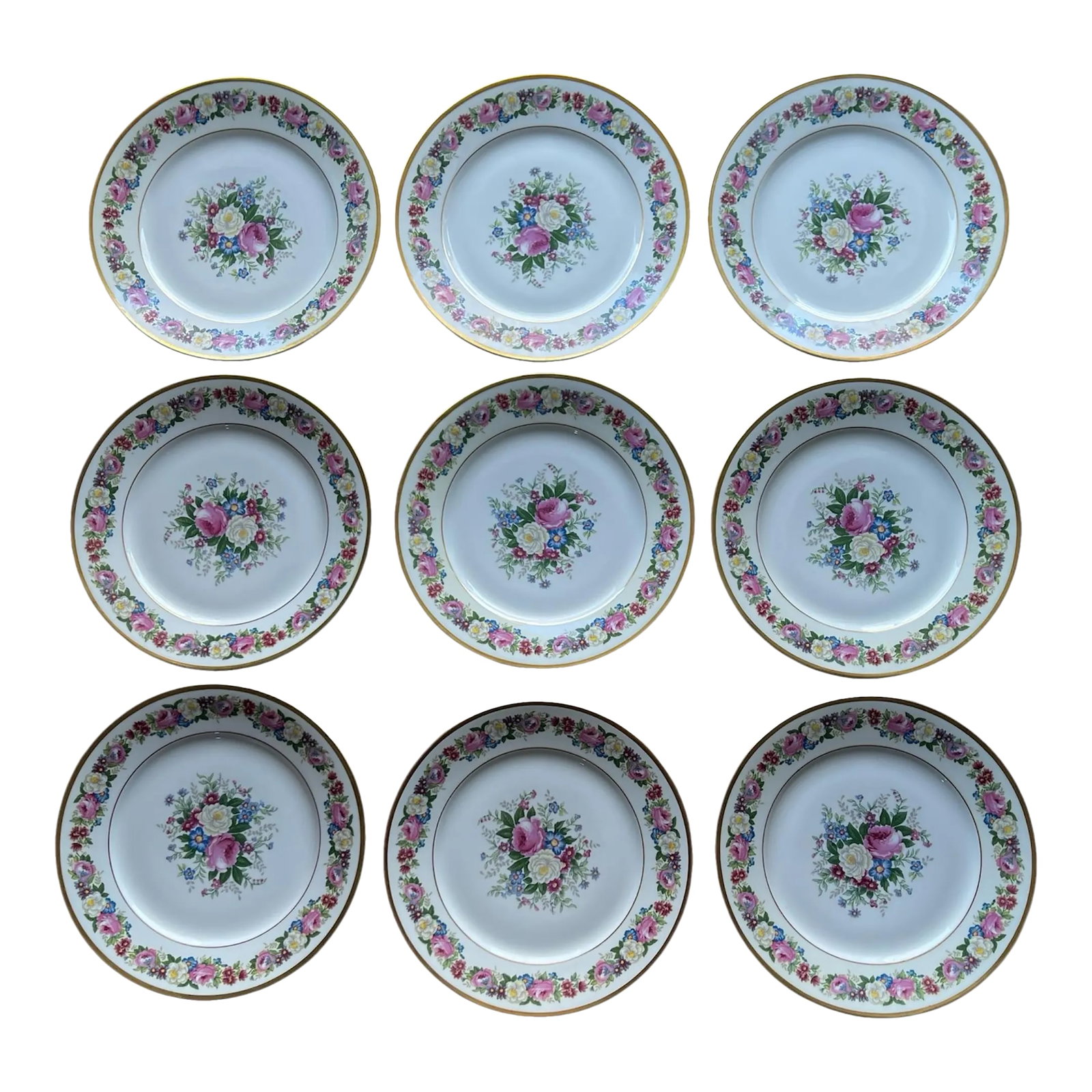1908 Vintage Bernardaud & Cie Limoges France Hand Painted "Roses & Violets" Floral Plates- Set of 9: Incredibly stunning Limoges France hand painted Set of 9 Floral Plates. Each Plate measure about 9" wide, and has been exceptionally decorated with a center presentation of Pink & White Roses and Red