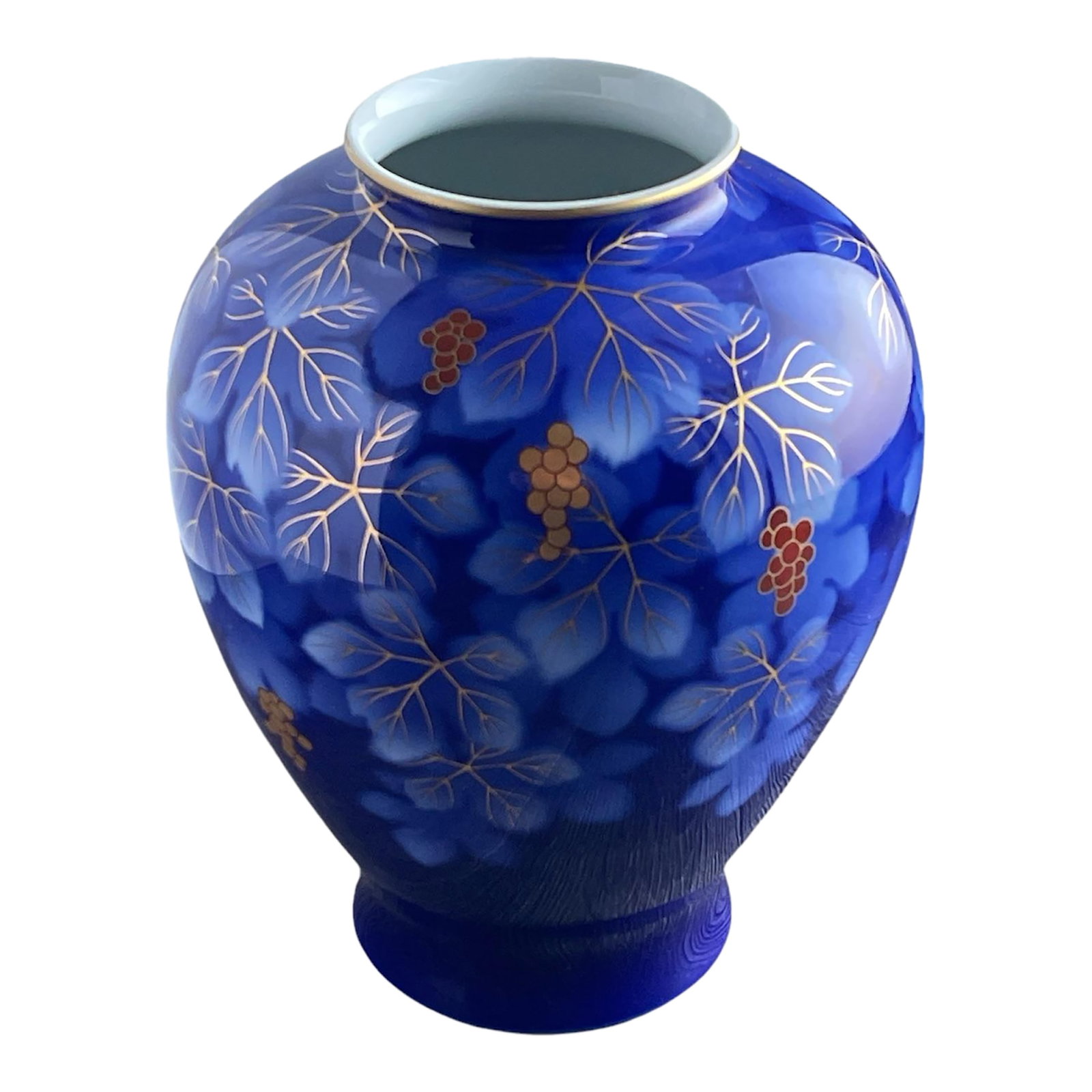 Vintage 1960 Fukagawa Vase Flower Leaf Vase Made in Fukagawa Japanese: Fukagawa blue and white flower leaf vase with a tapered body and a bulging shoulder, painted in reverse with grape vine foliage and fruit picked out in iron-red and gilt, the company mark on the