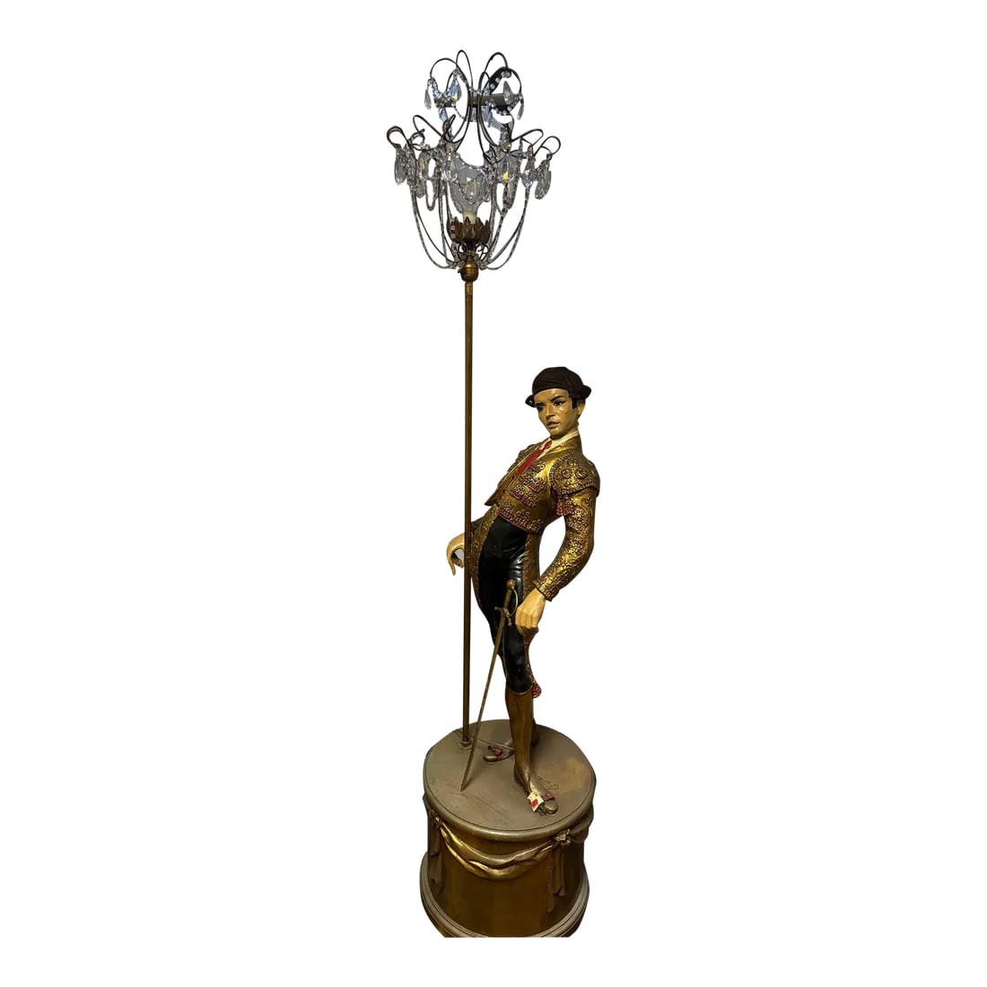 Vintage Don Rickles Matador Floor Lamp: Calling all maximalists and Mod-iteranean lovers! This Spanish Colonial Don Rickles Matador Floor Lamp is a rare unique find! It is made of painted plaster with a velvet cap and a Neoclassical-style c