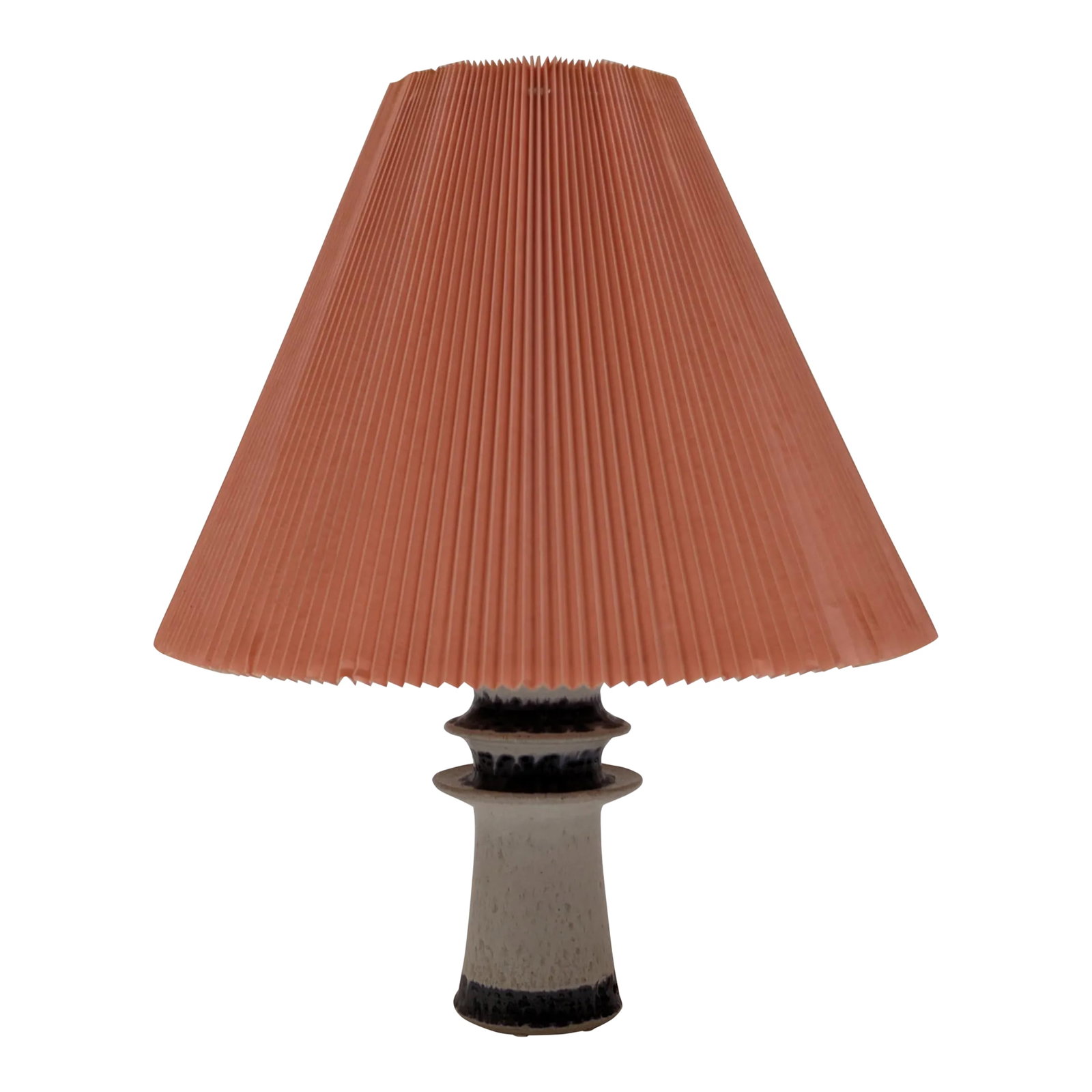 Carl Cunningham-Cole for Kahler and Le Klint, Lamp in Ceramic, 1960s: Carl Cunningham-Cole, attributed to. Kahler and Le Klint, edited by. Lamp base in enamelled sandstone in beige and ocher colors, the shaft adorned with four degraded bezels and adorned with a purple b