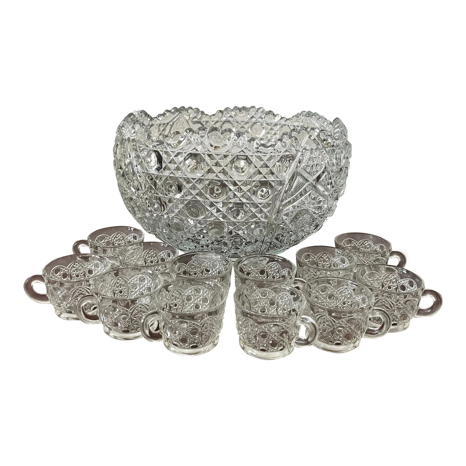Vintage Early American Patterned Glass Punch Bowl Set- 13 Pieces: Vintage L.E. Smith 1950's pressed glass Daisy & Button patterned punch bowl . Weighs 12 pounds. Is 12 inch wide & 9 inch high . Holds 2.25 gallons. 12 matching cups are included Condition: Alterations