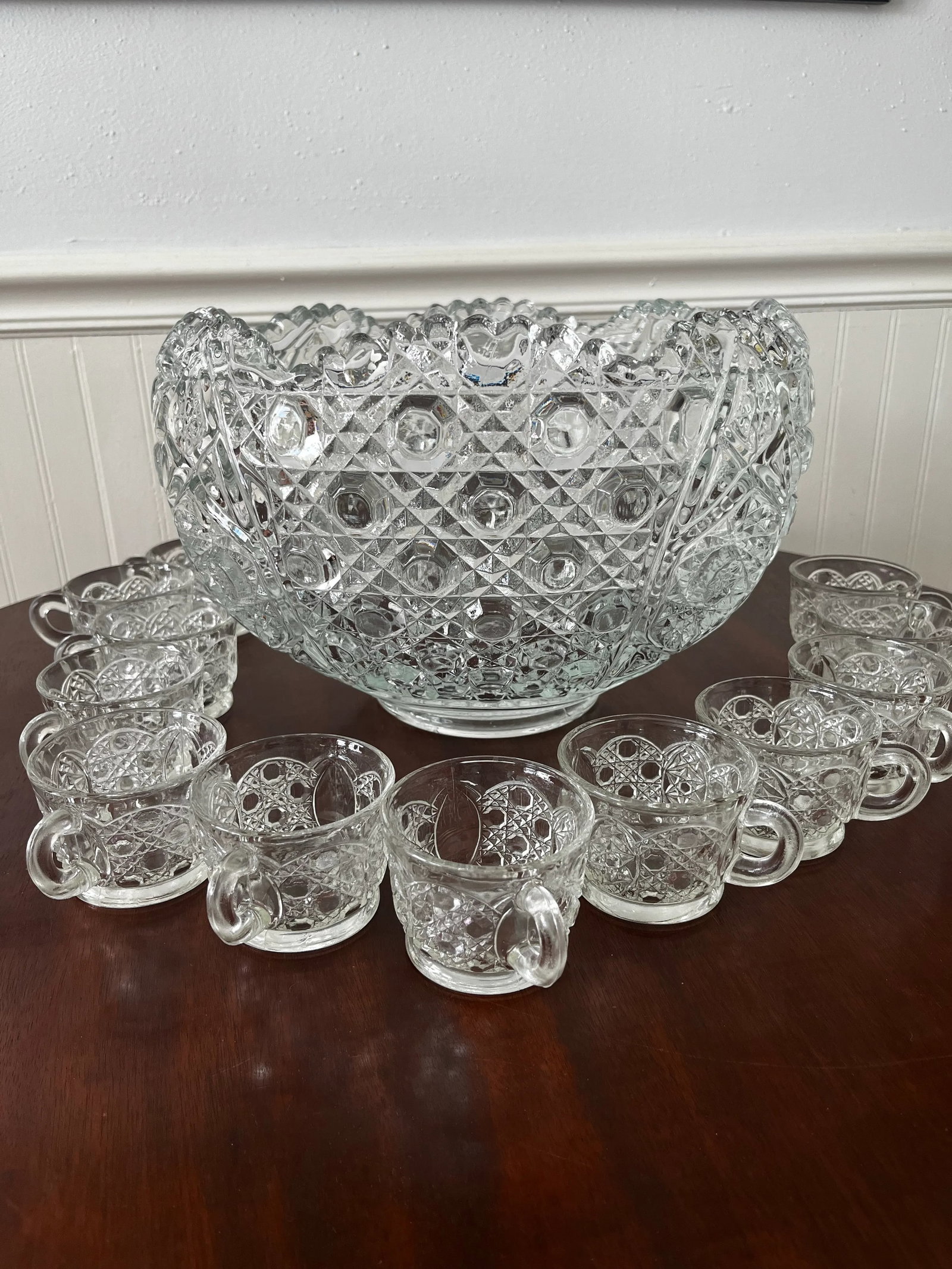 Vintage Early American Patterned Glass Punch Bowl Set- 13 Pieces - 2